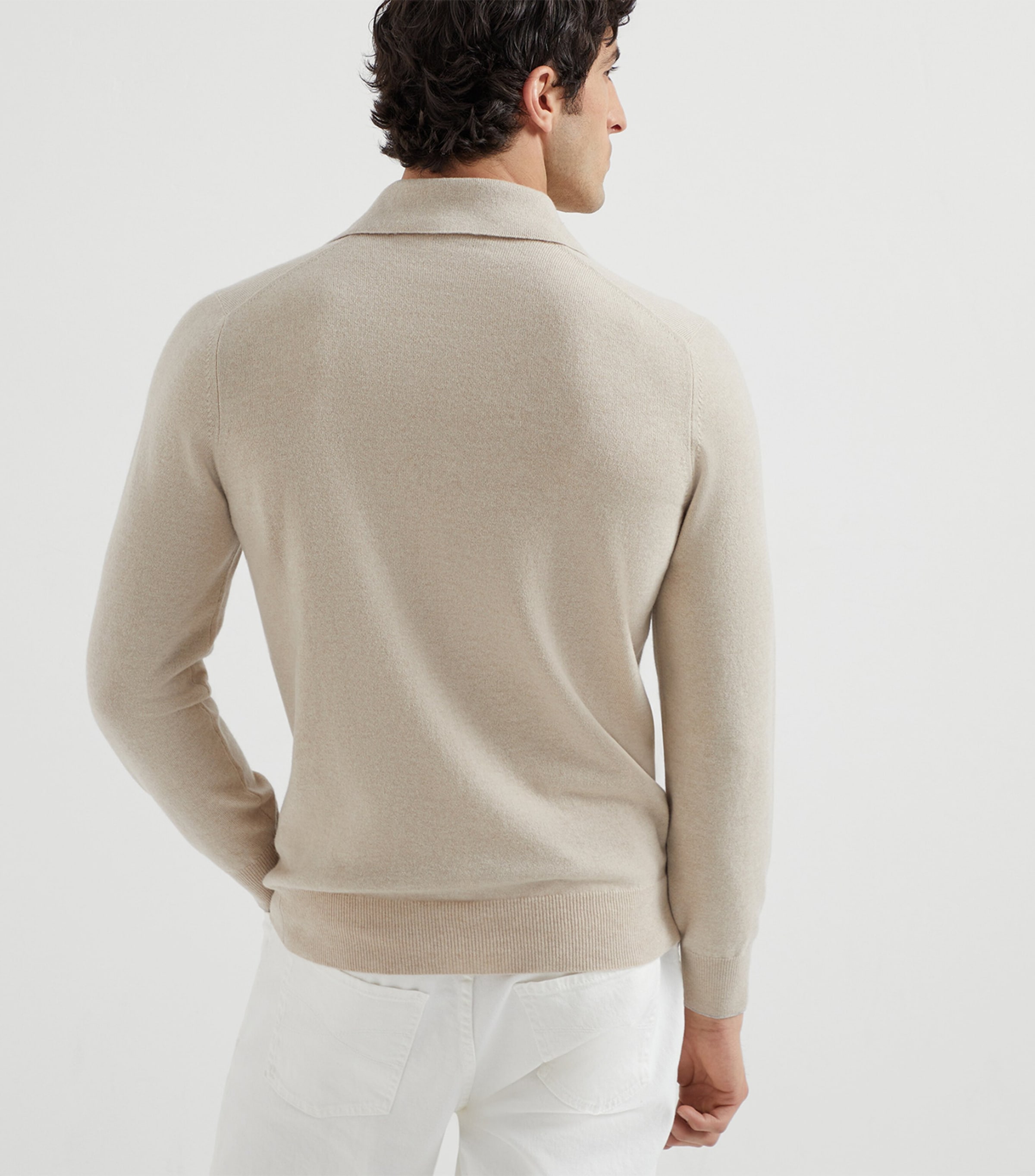 Brunello Cucinelli Beige Cashmere Long-Sleeve Polo Sweater