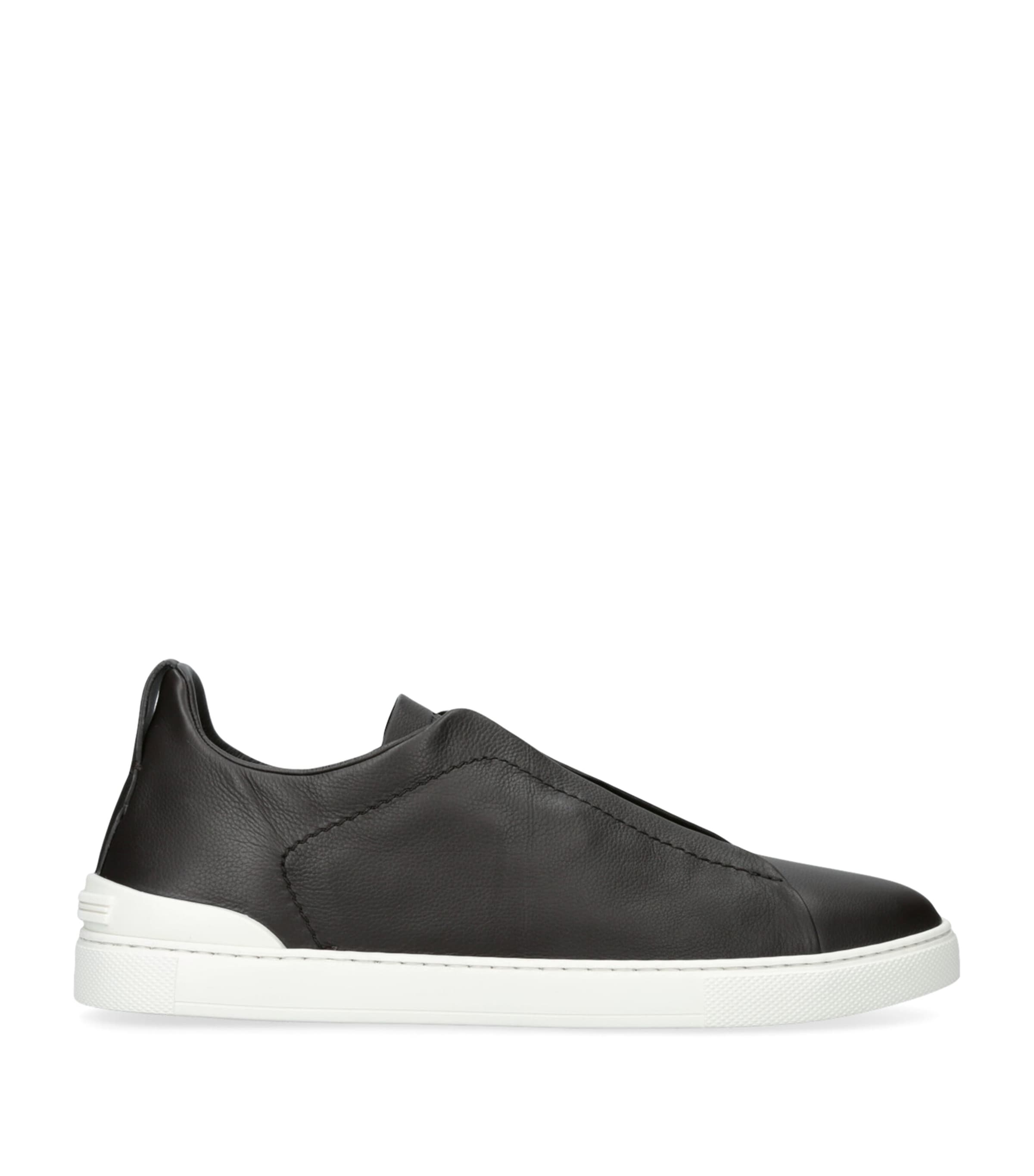 Shop Zegna Leather Triple Stitch Sneakers In Brown