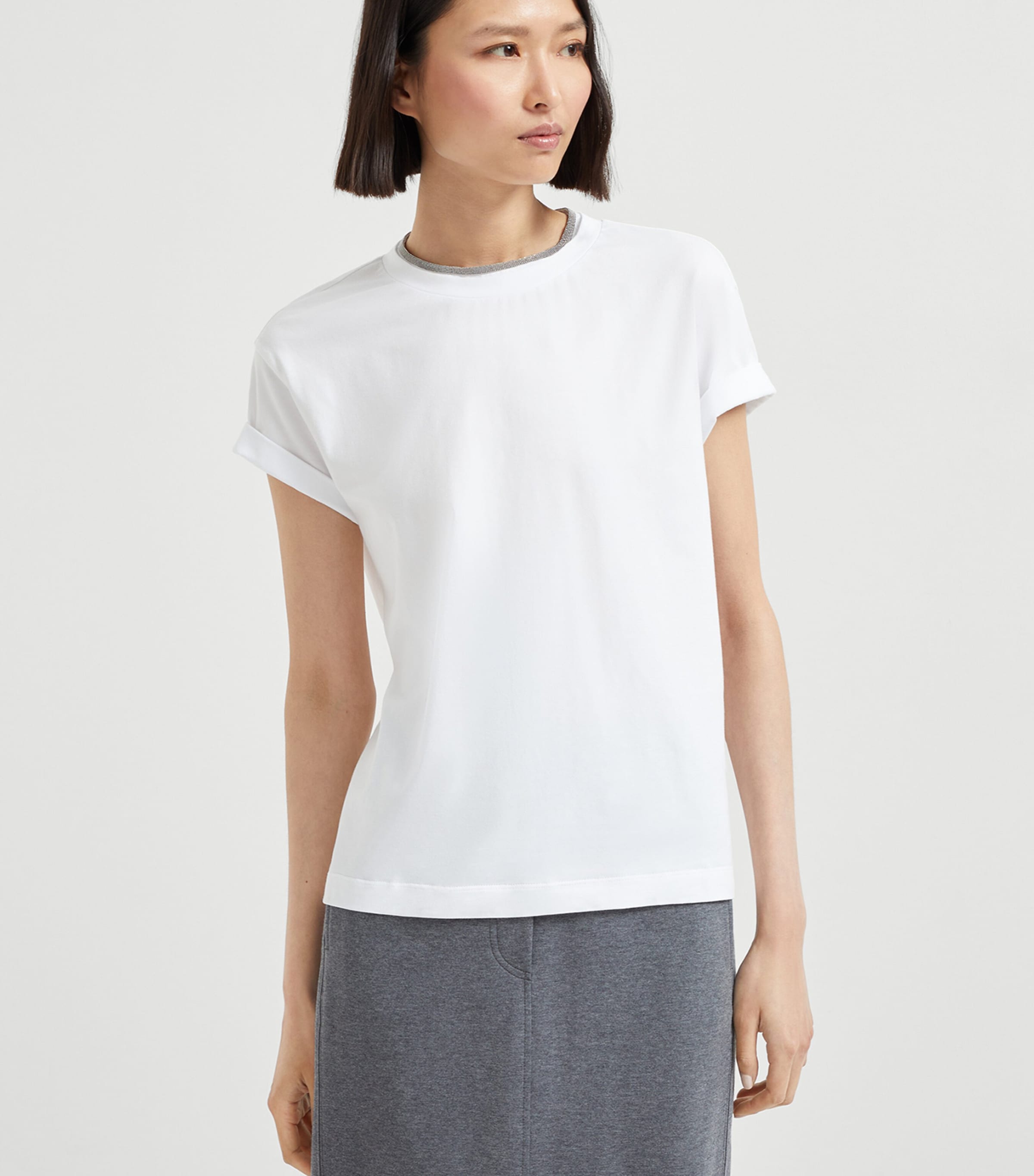 Brunello Cucinelli Womens Stretch-Cotton Monili-Detail T-Shirt Image 2