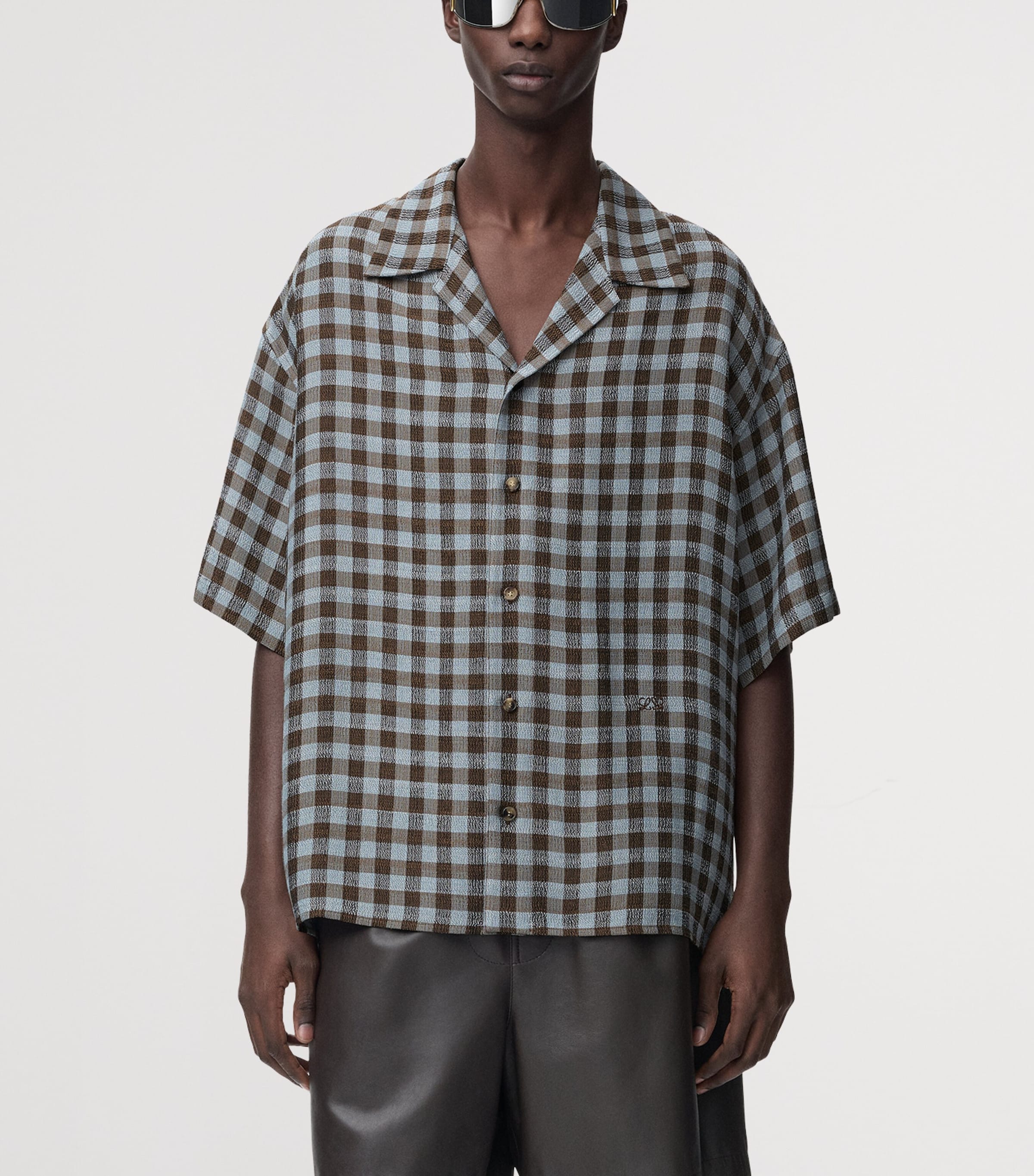 LOEWE Mens Check Short-Sleeve Shirt Blue/brown Image 3