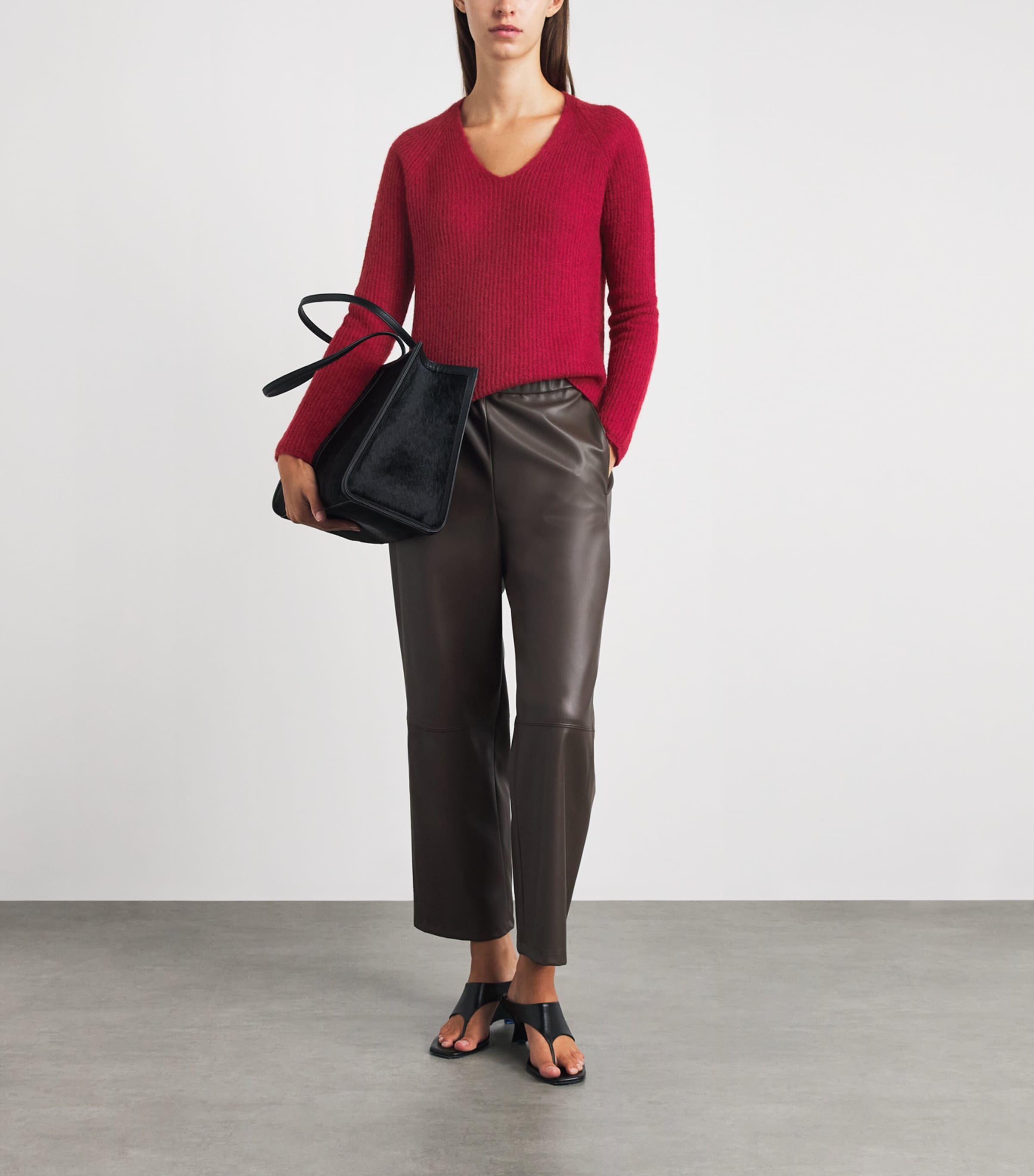 MM Womens Ribbed V-Neck Sweater Dark Red Image 2