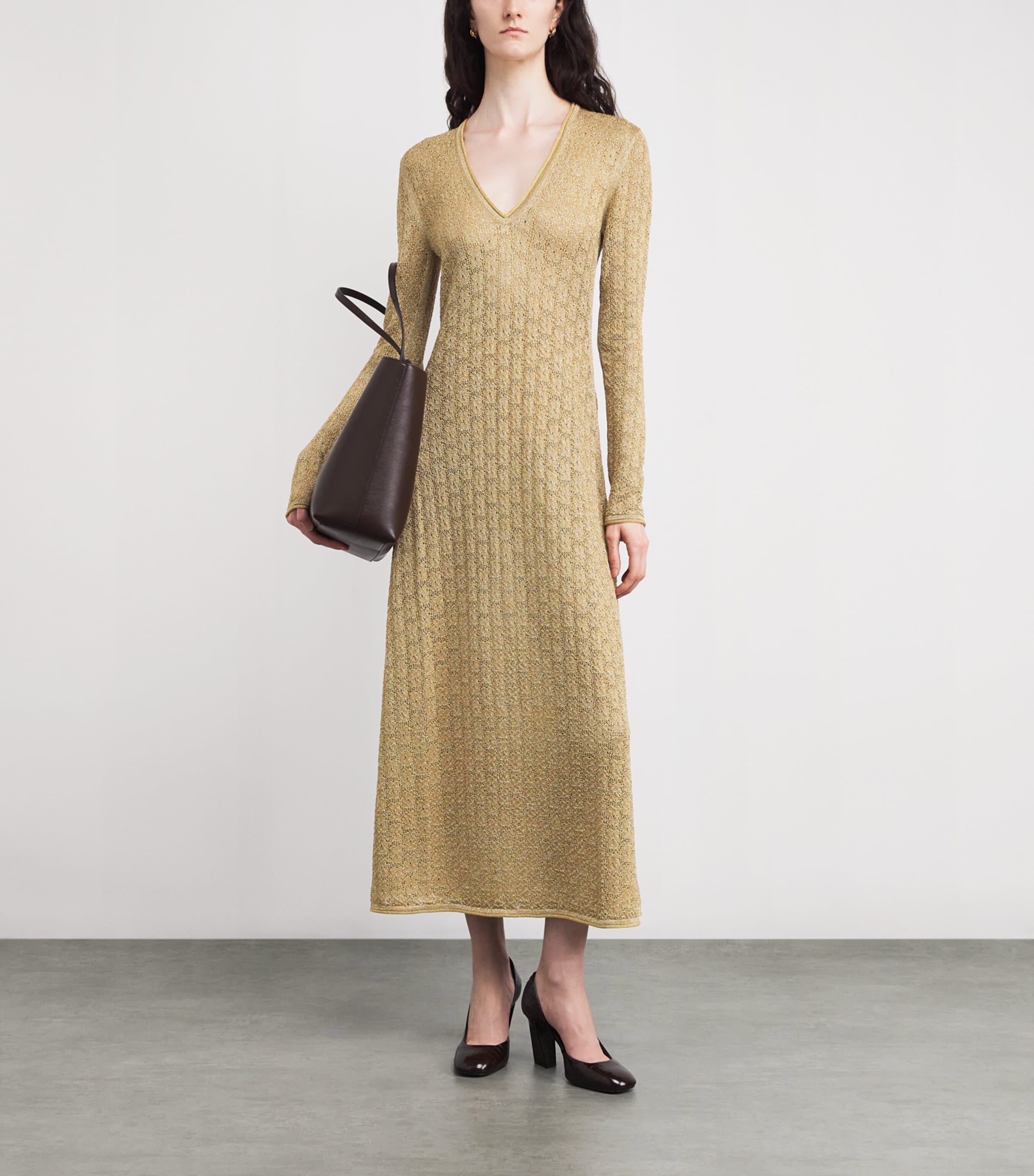 RETORI Womens Knitted Lurex Maxi Dress Gold Image 2