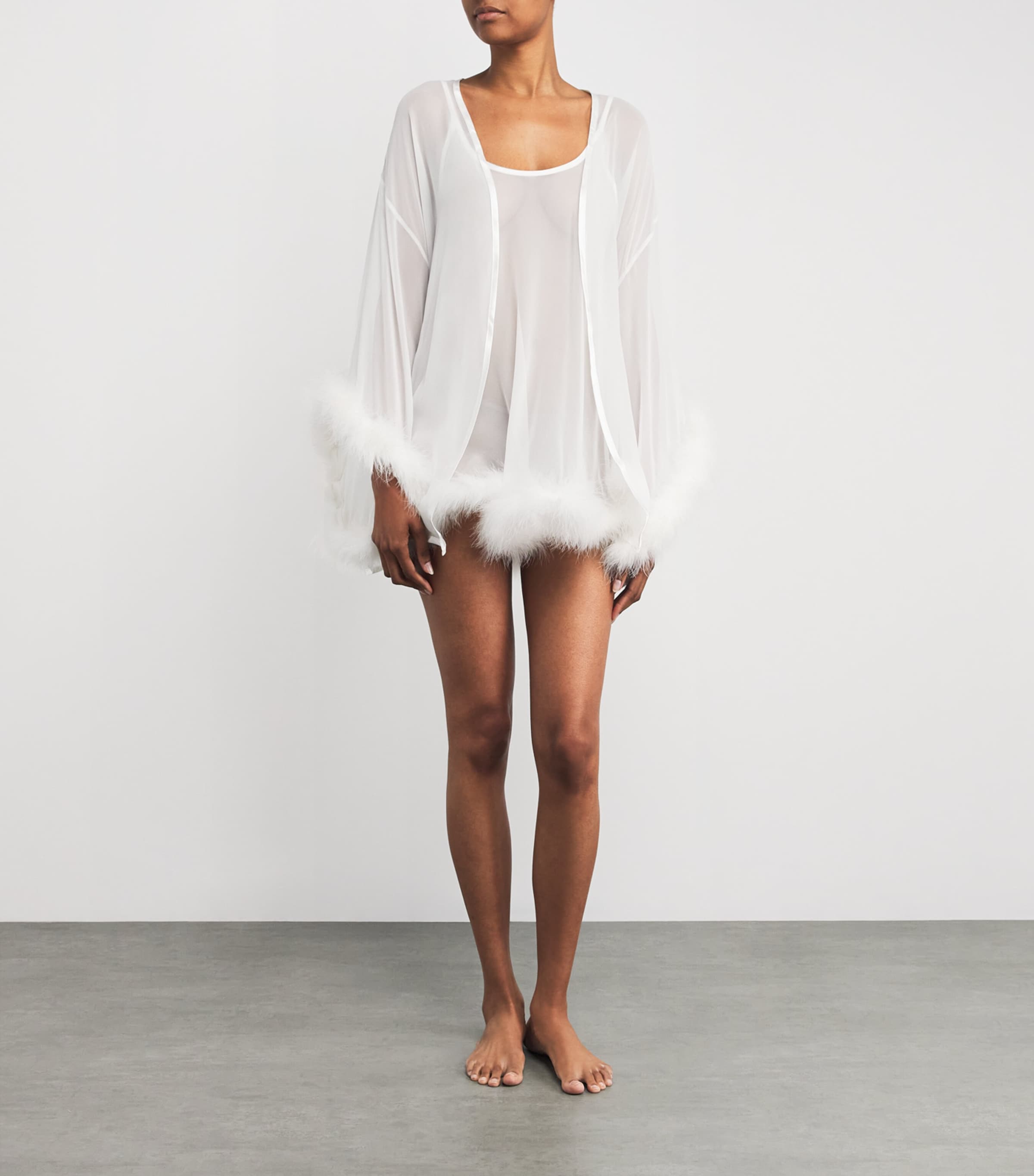 Gilda & Pearl Womens Silk Feather-Trim Sheer Diana Short Robe Ivory Image 2