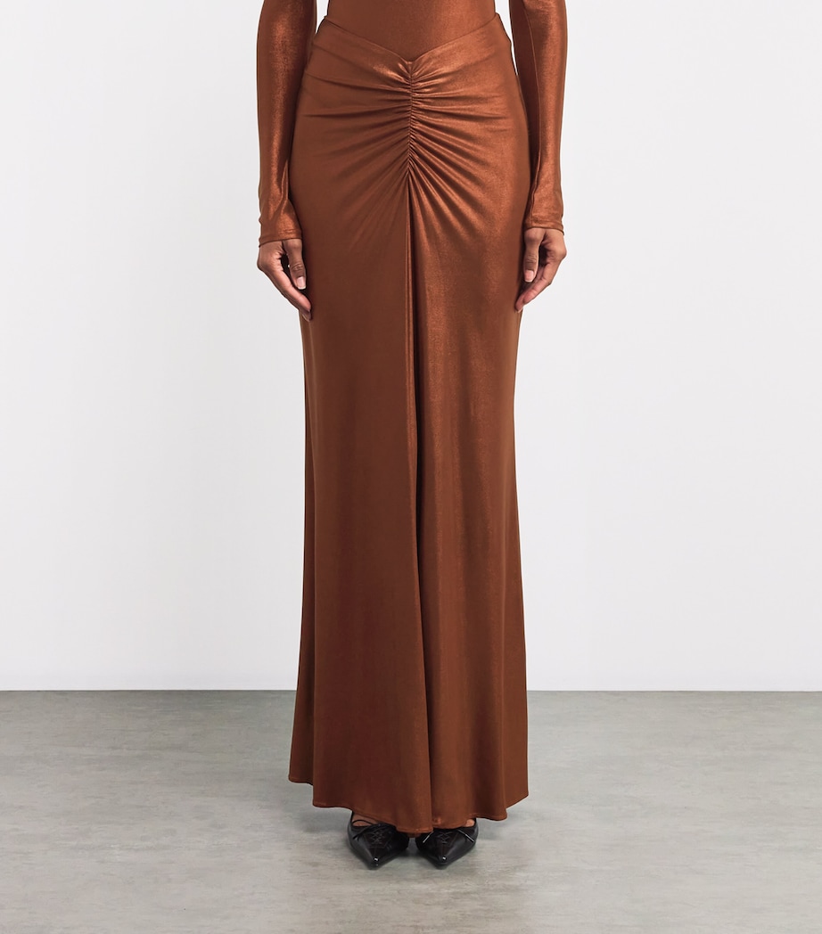 LAPOINTE Womens Coated Jersey Ruched Maxi Skirt Copper Image 3