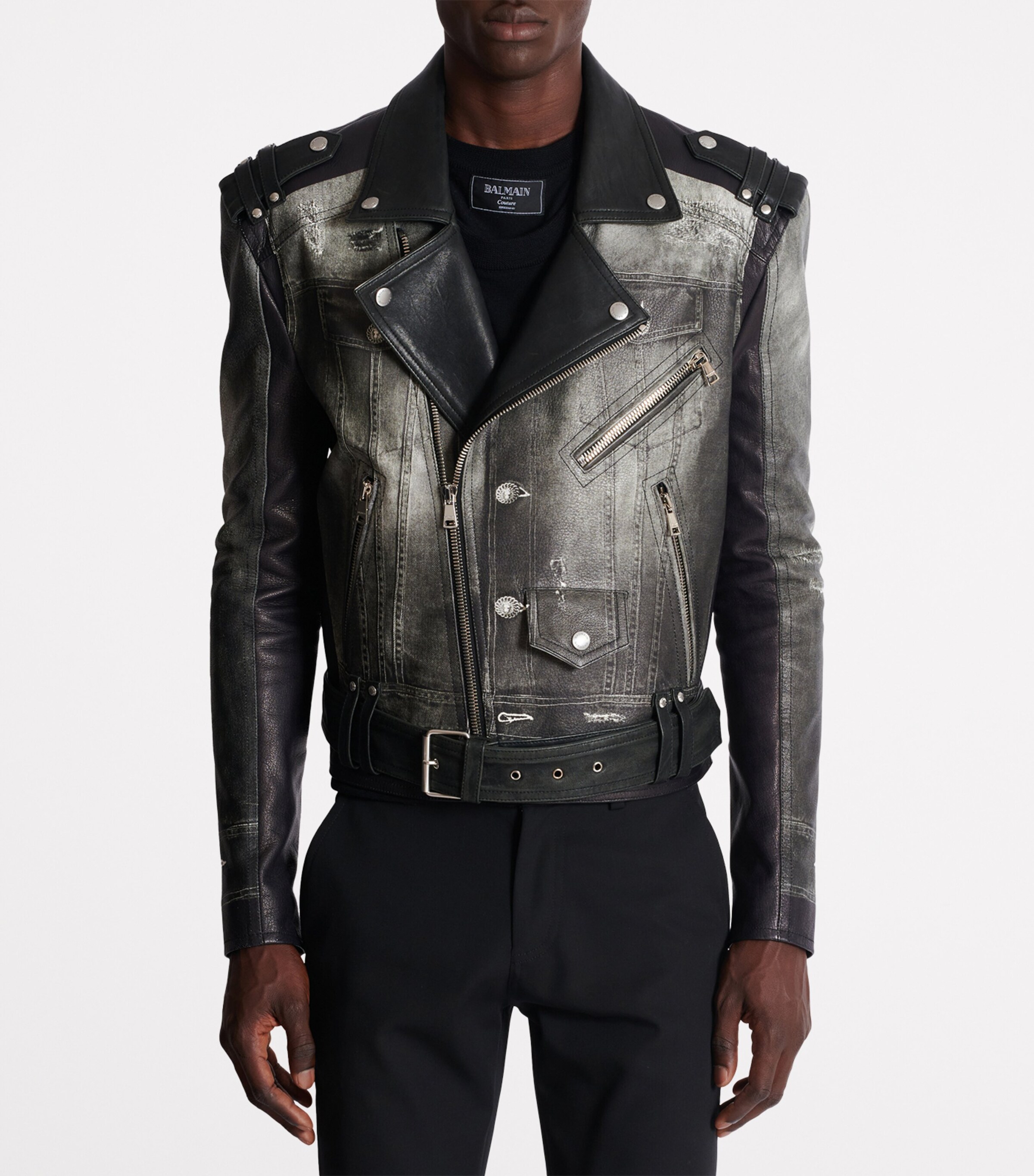Balmain Mens Leather Denim Print Biker Jacker Yie Gris Denim/ Noir Image 5
