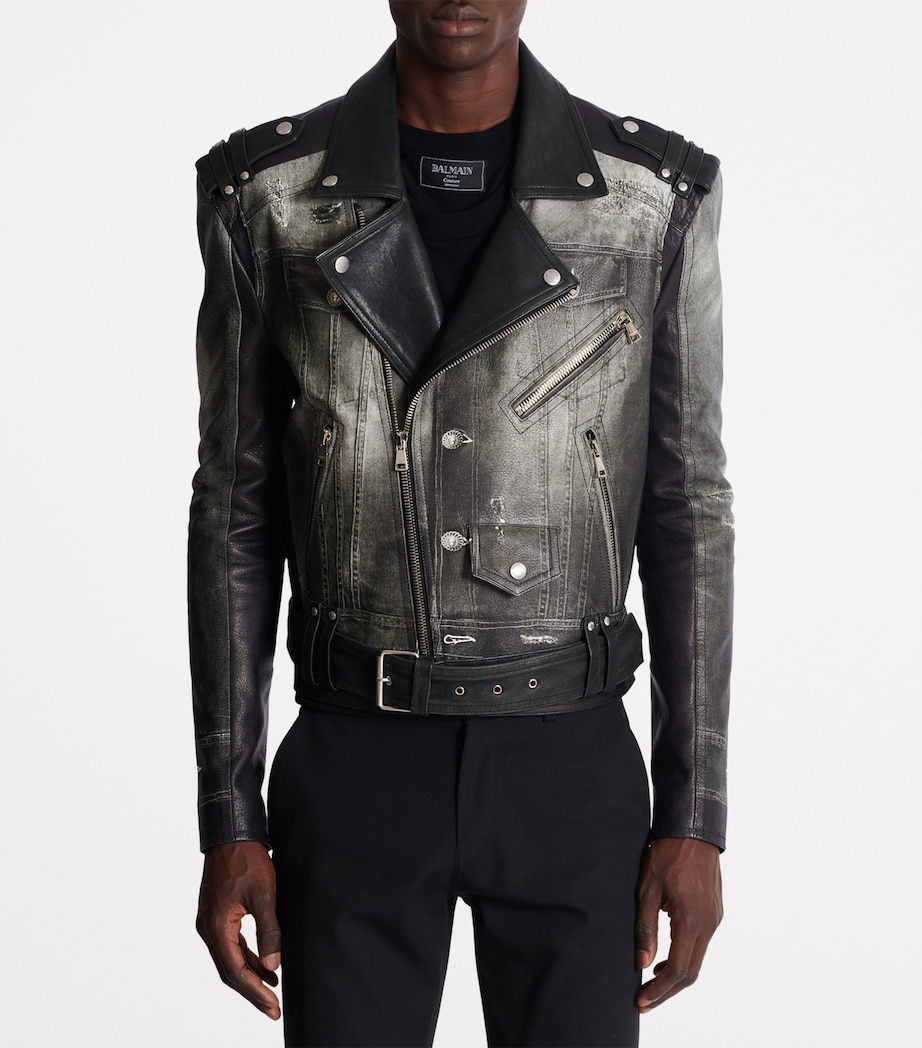 Balmain Mens Leather Denim Print Biker Jacker Yie Gris Denim/ Noir Image 5