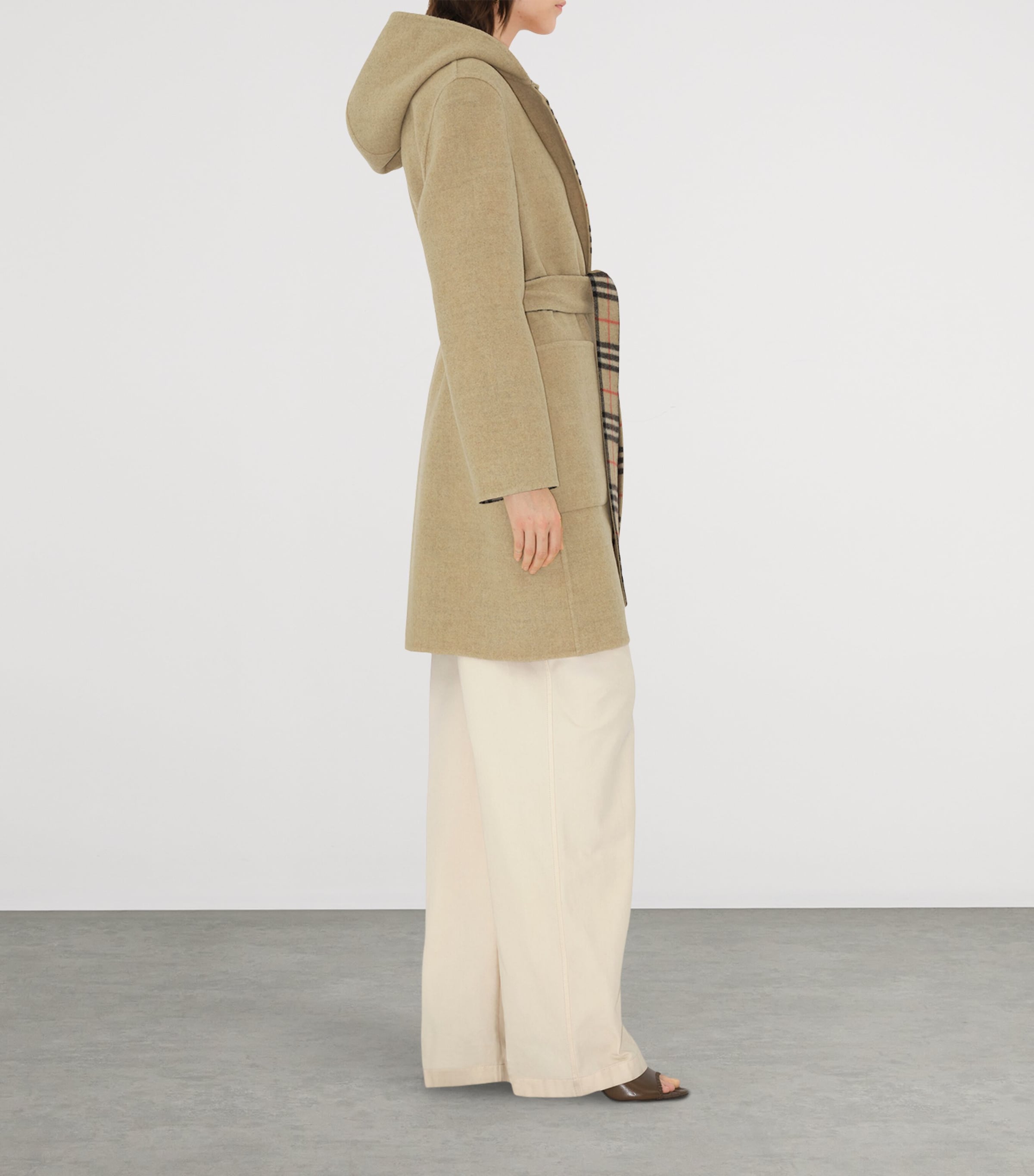 Wool  Reversible Hooded Wrap Coat SAND IP CHECK Image 4