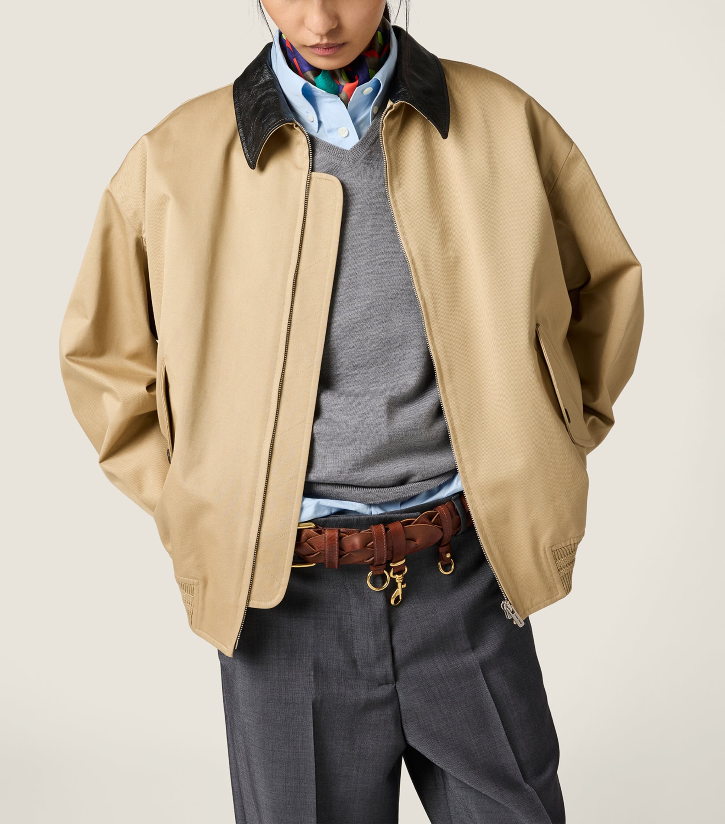 Miu Miu Womens Leather-Trim Bomber Jacket Neutral Image 4