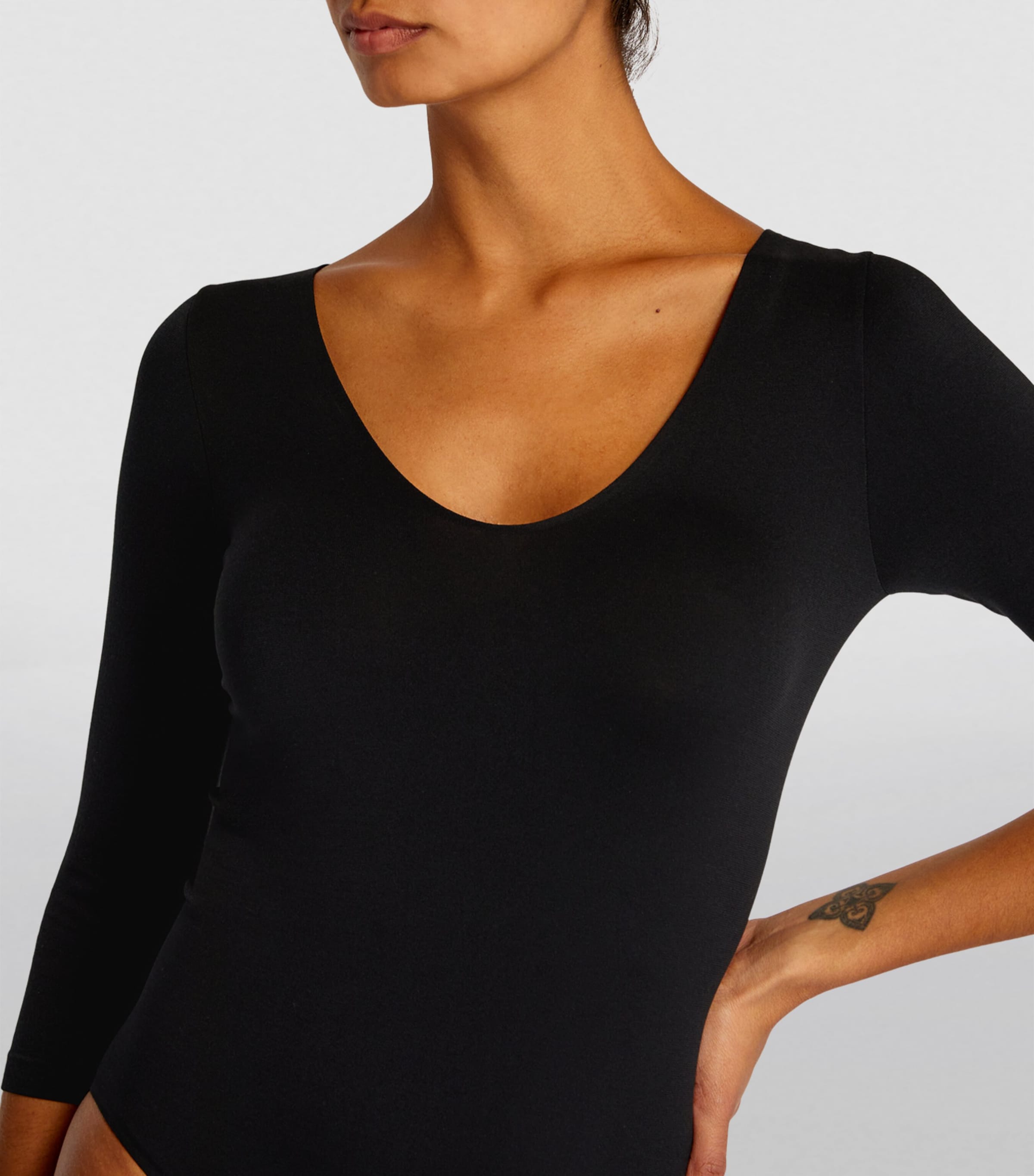Cropped-Sleeve V-Neck Bodysuit 3009 BLACK Image 6
