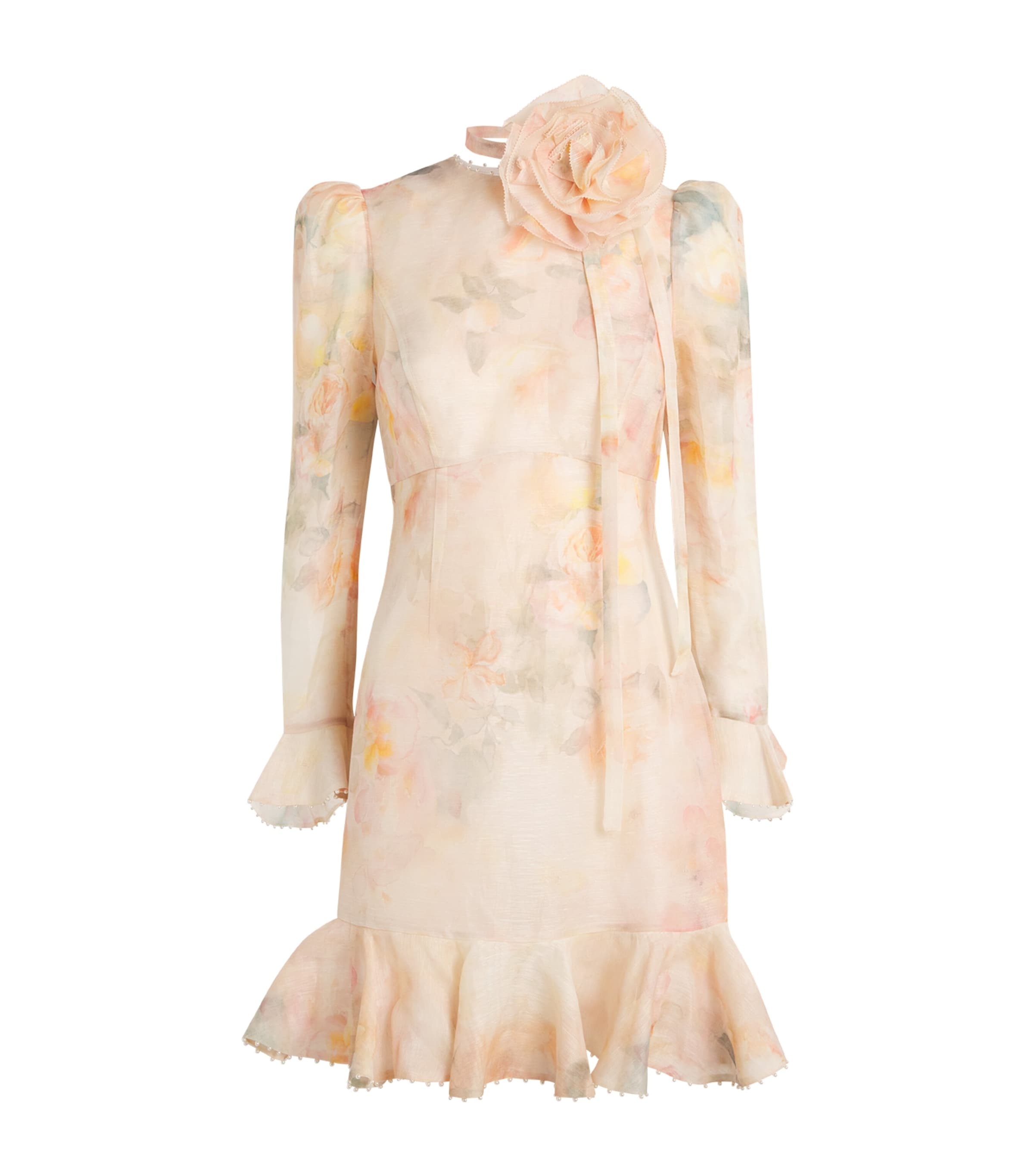 Shop Zimmermann Linen-silk Flower-embellished Mini Dress In Pink