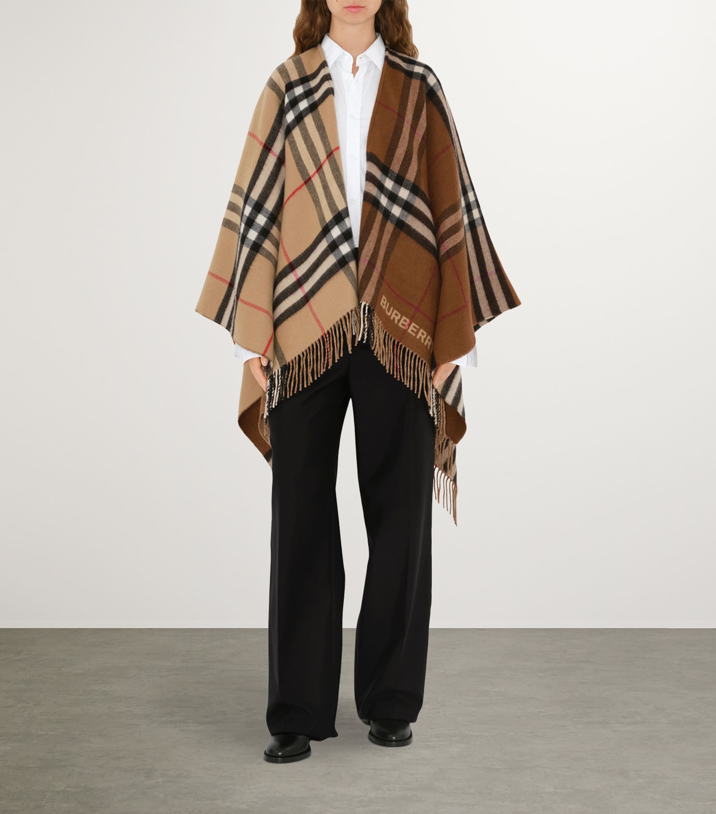 Wool-Cashmere Contrast-Check Cape ARC BEG/DRK BIR BRWN Image 4