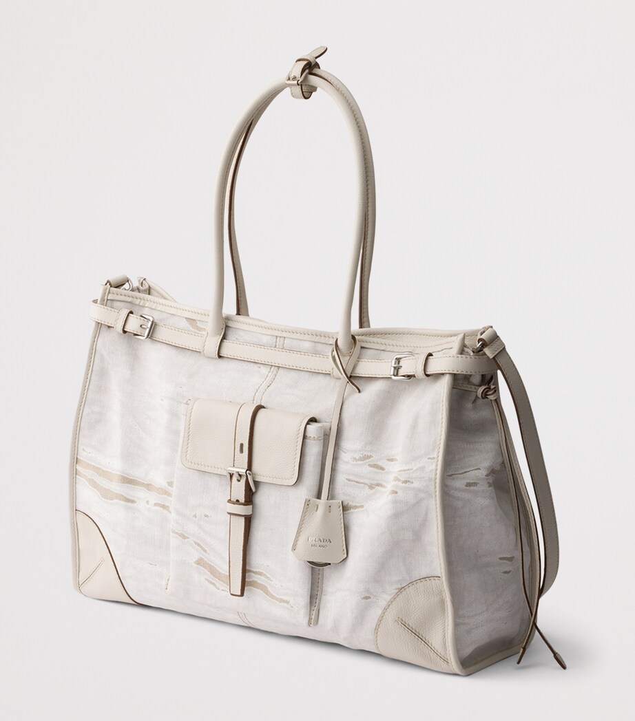 Prada Womens Printed Linen Bonnie Shoulder Bag White Image 5