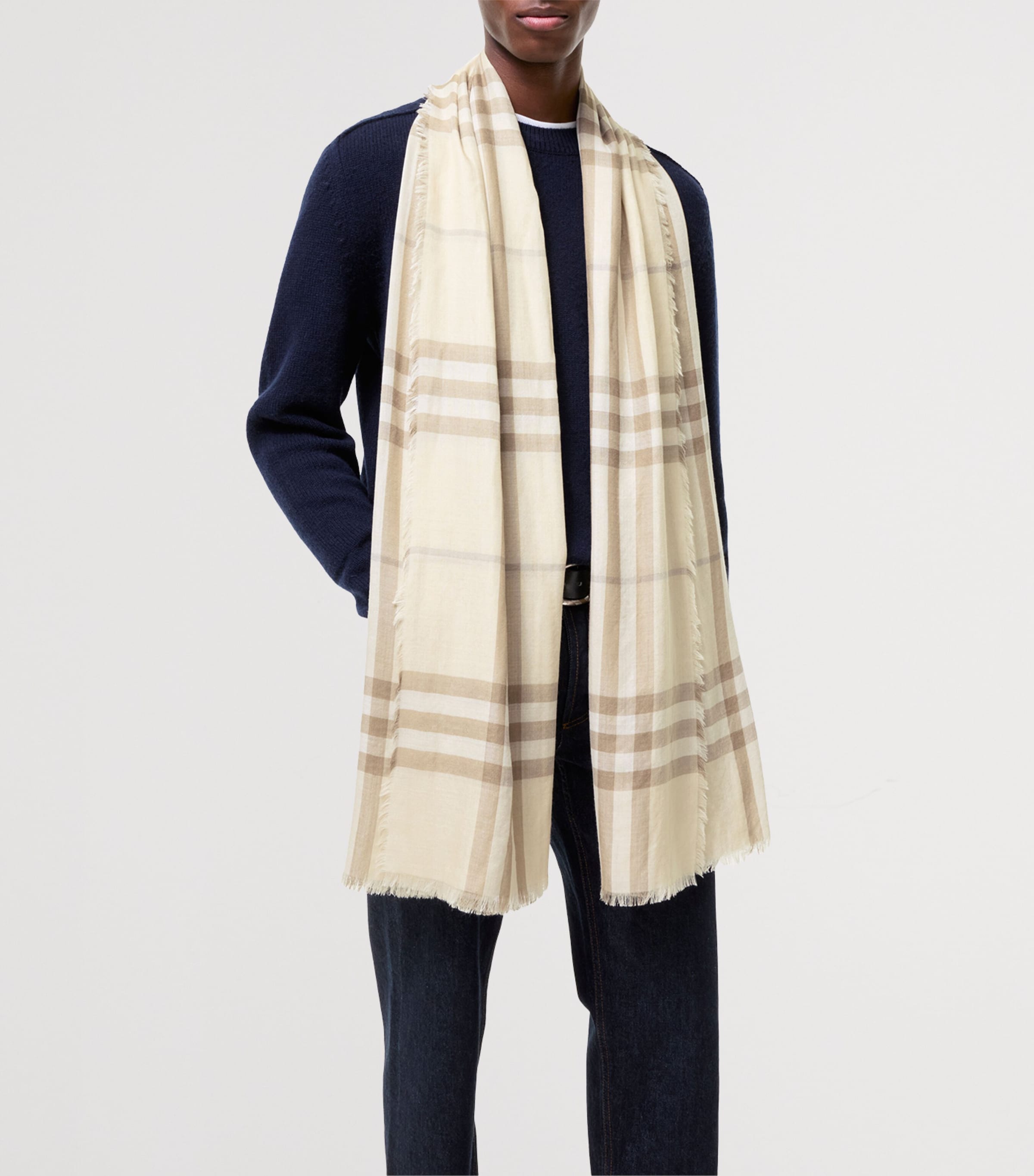 Burberry Wool-Silk Reversible Check Scarf Sesame Beige Check Image 6