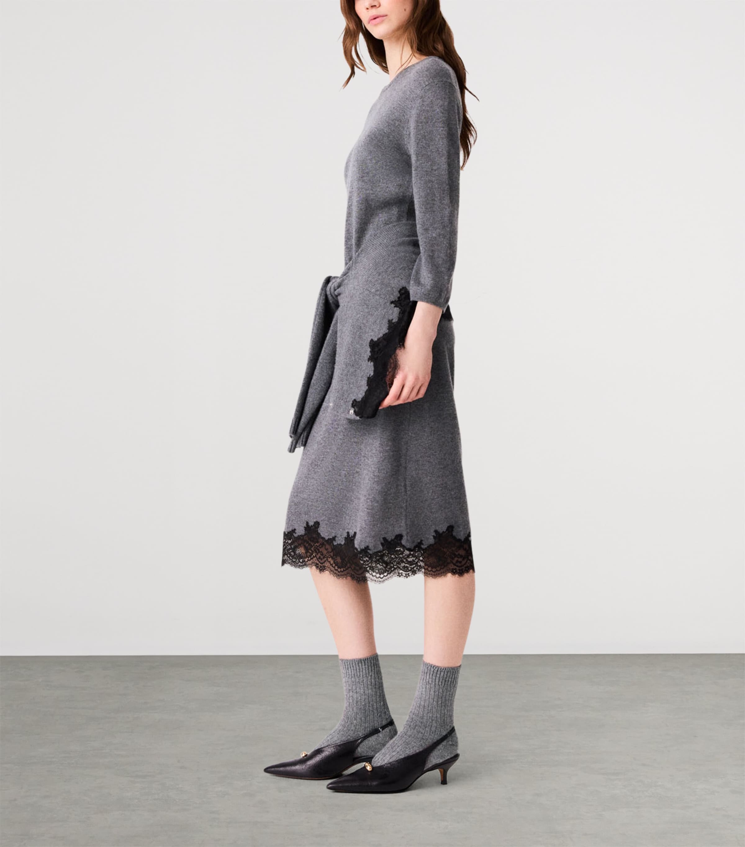 Maje Womens Wool Lace-Trim Midi Dress Grey/black Image 3