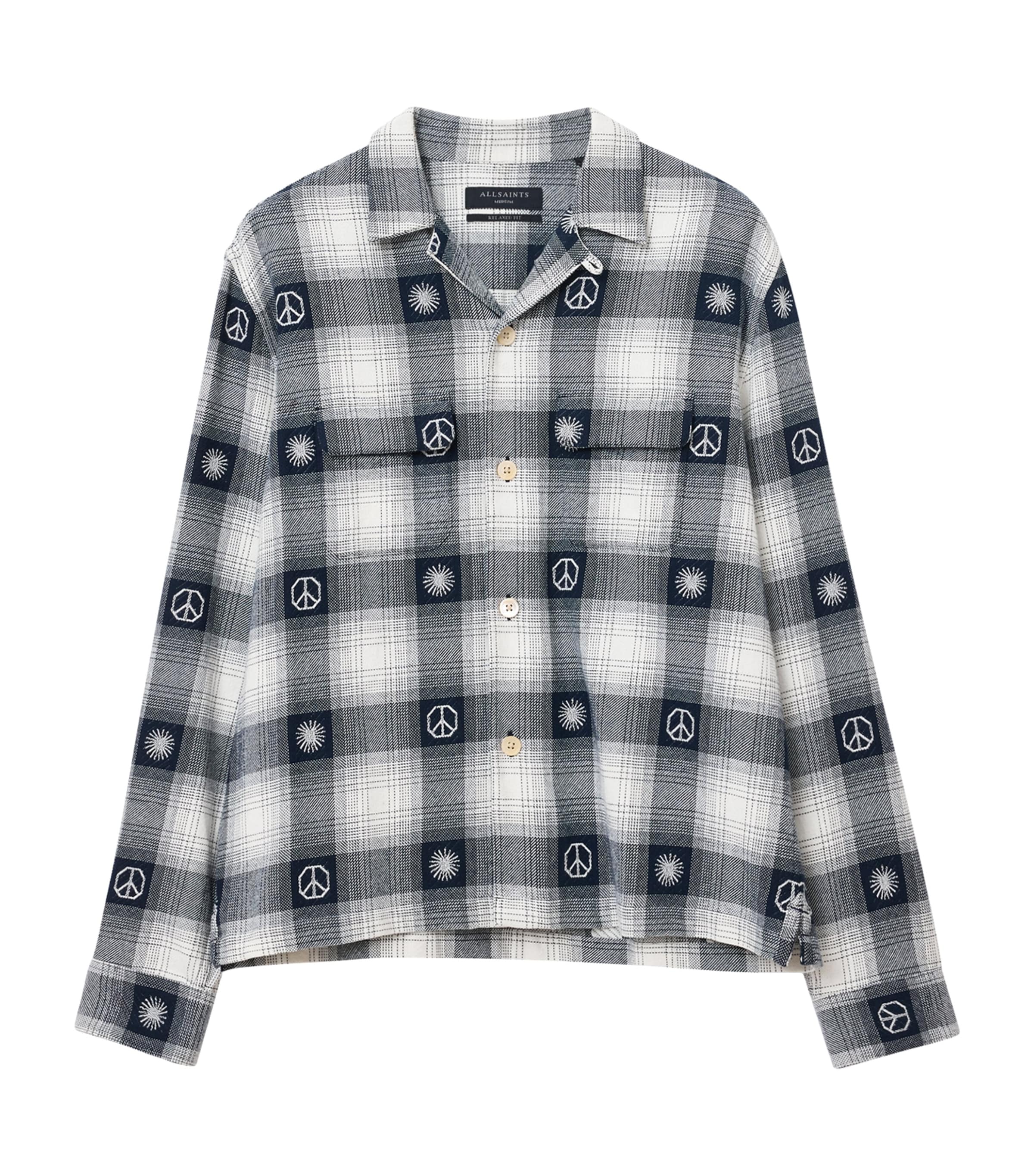 Allsaints Mens Peacoat Blue Castor Cuban-collar Checked Cotton Shirt Xs In Blue