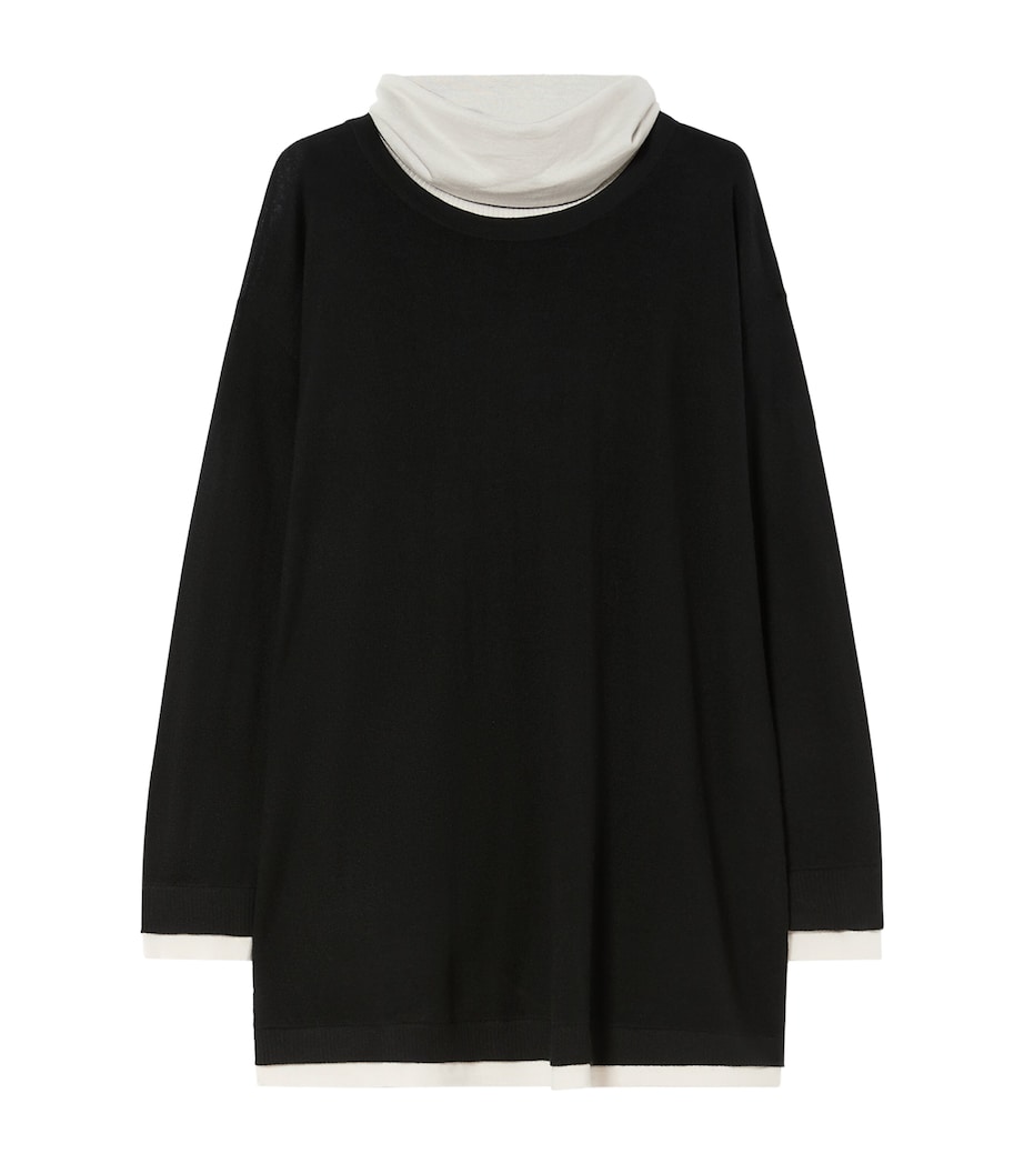 Marina Rinaldi Womens Wool-Silk Removable Mock-Neck Sweater Black White Image 1
