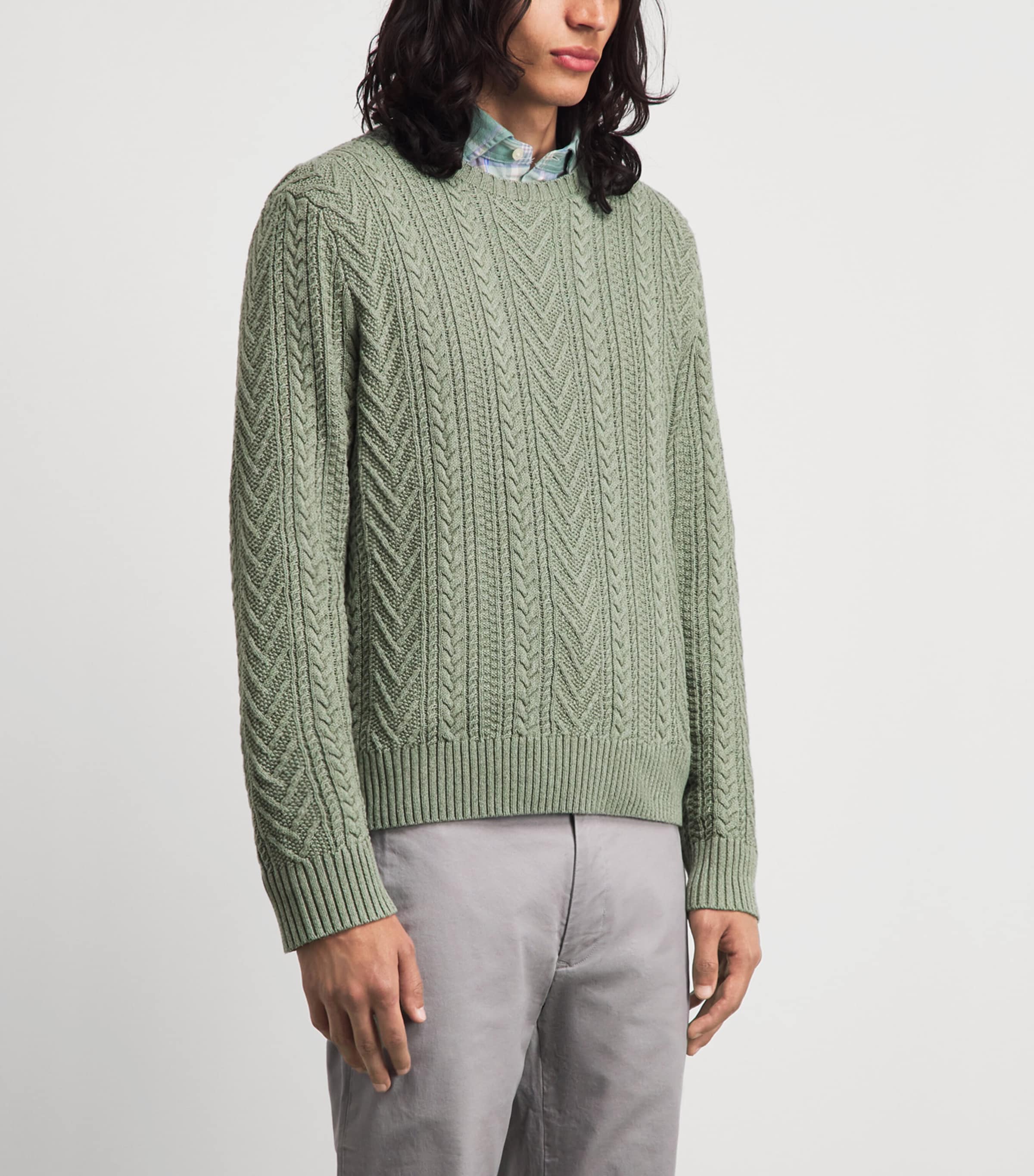 Polo Ralph Lauren Mens Cotton-Linen Aran-Knit Sweater Fern Green Combo Image 4