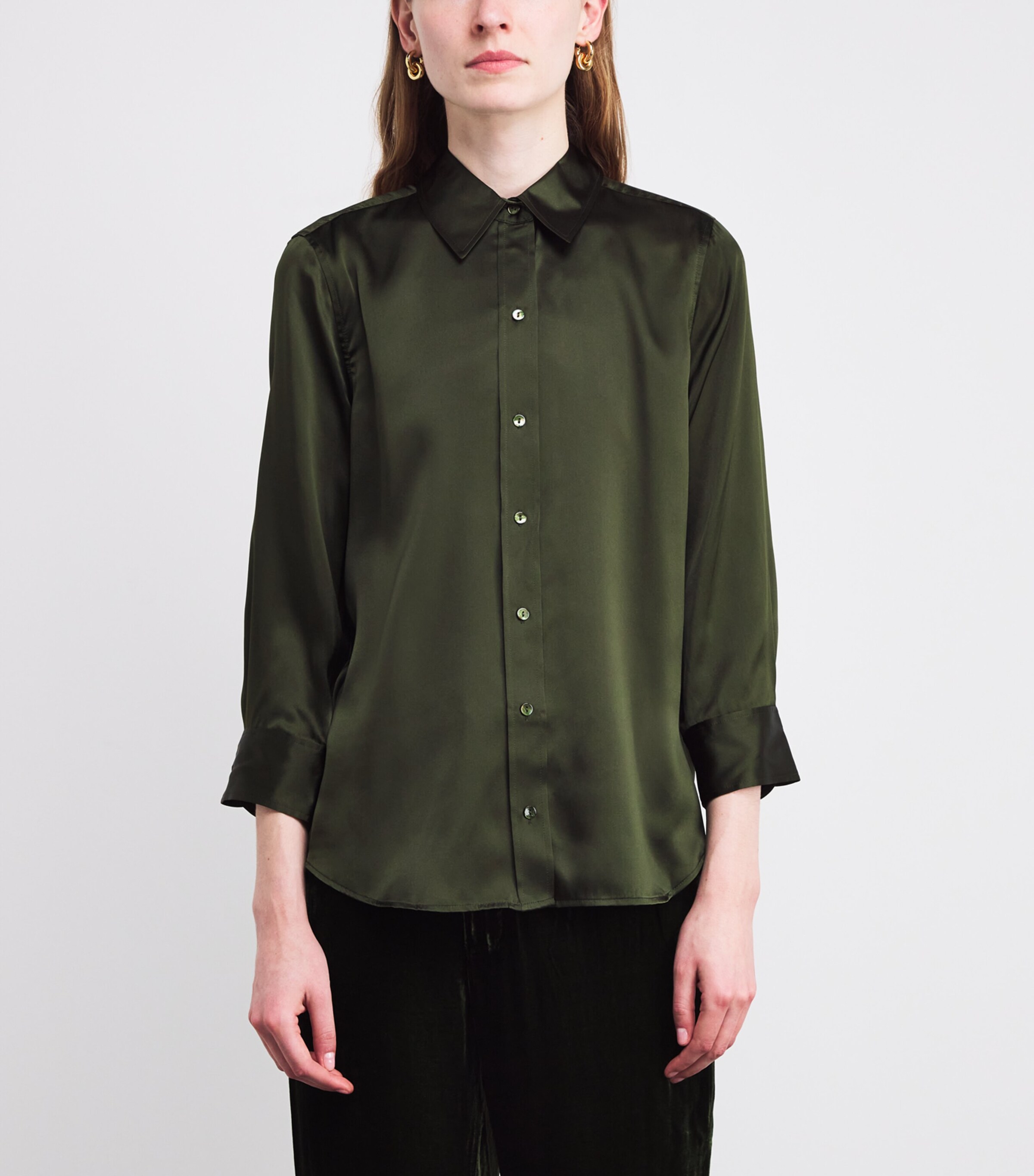 Silk Cropped-Sleeve Dani Shirt DEEP OLIVE DEOL Image 3