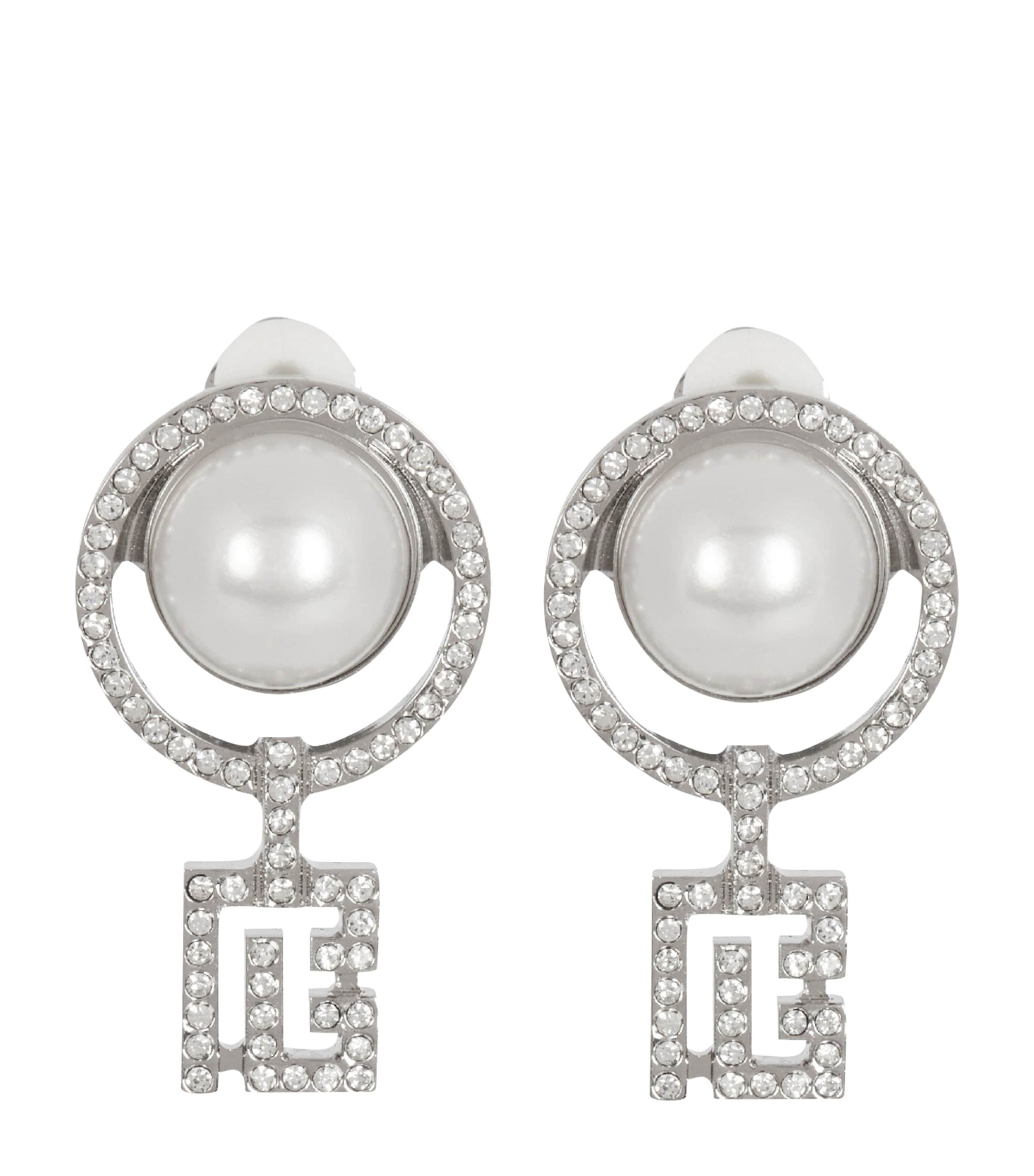 Shop Balmain Pearl Rhinestone Logo Earrings In Silver