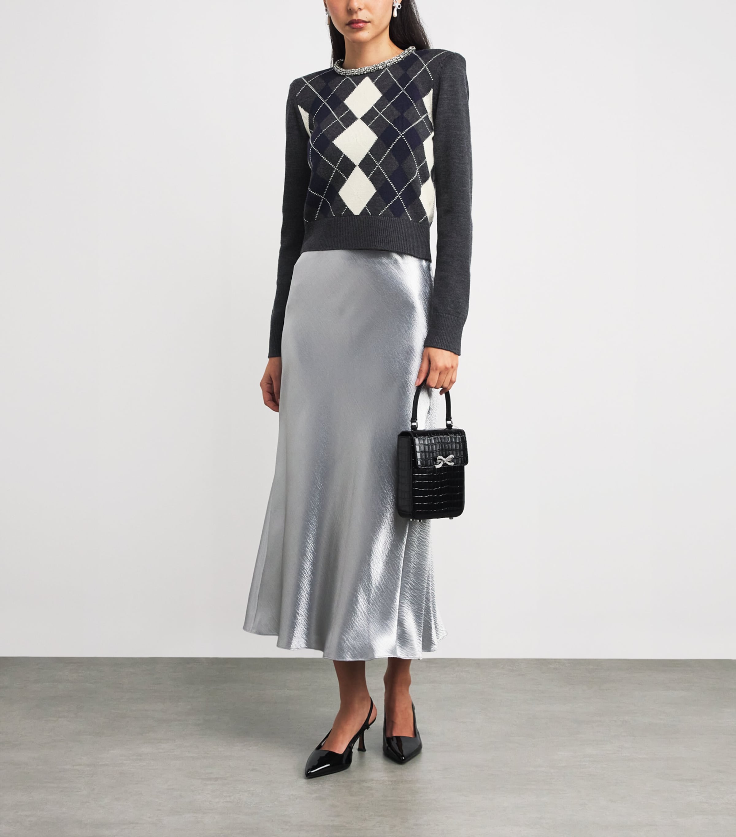 Wool Embellished Argyle Sweater GREY Image 2