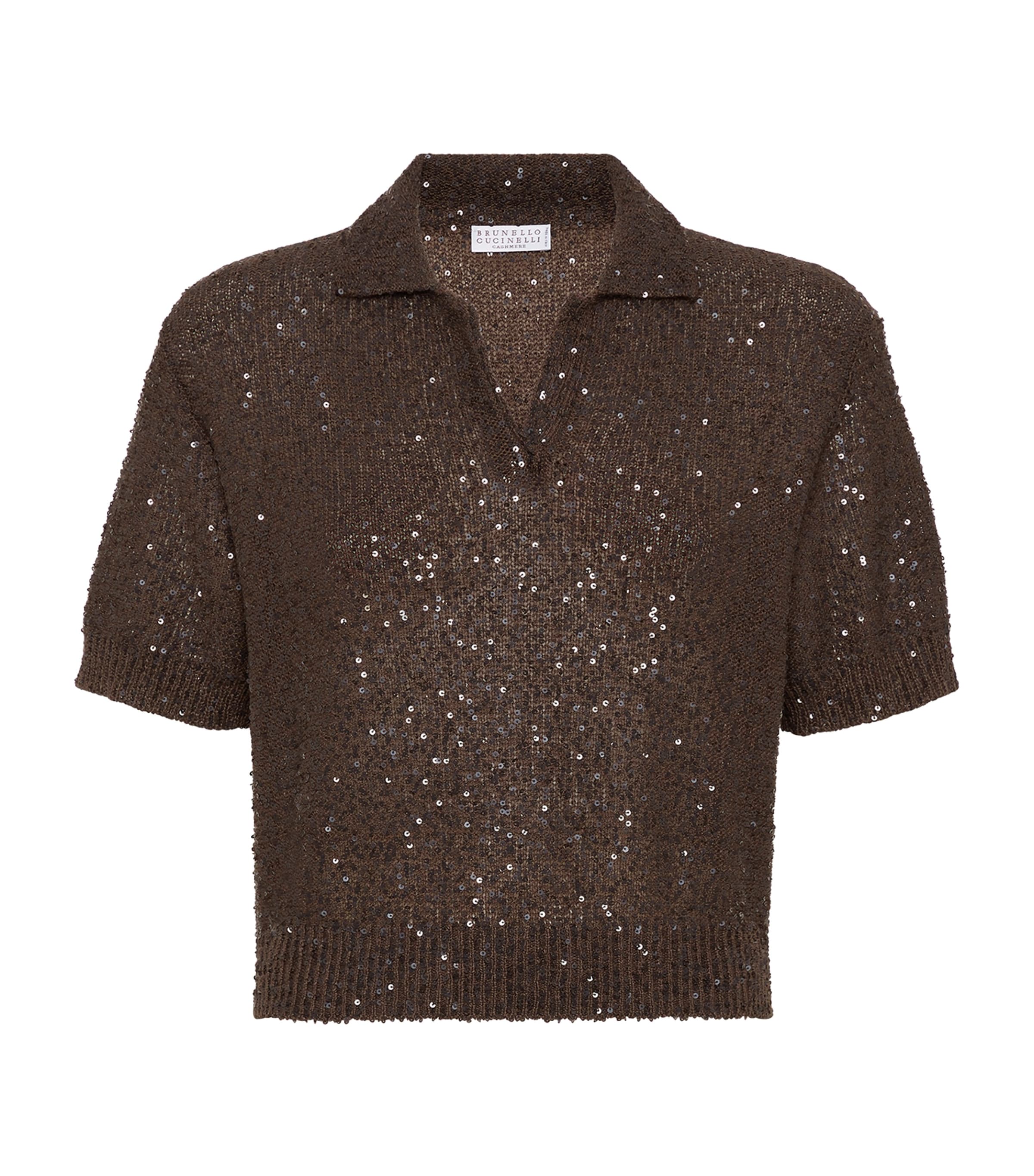 Brunello Cucinelli Sequined Cashmere Cropped Polo Sweater In Brown