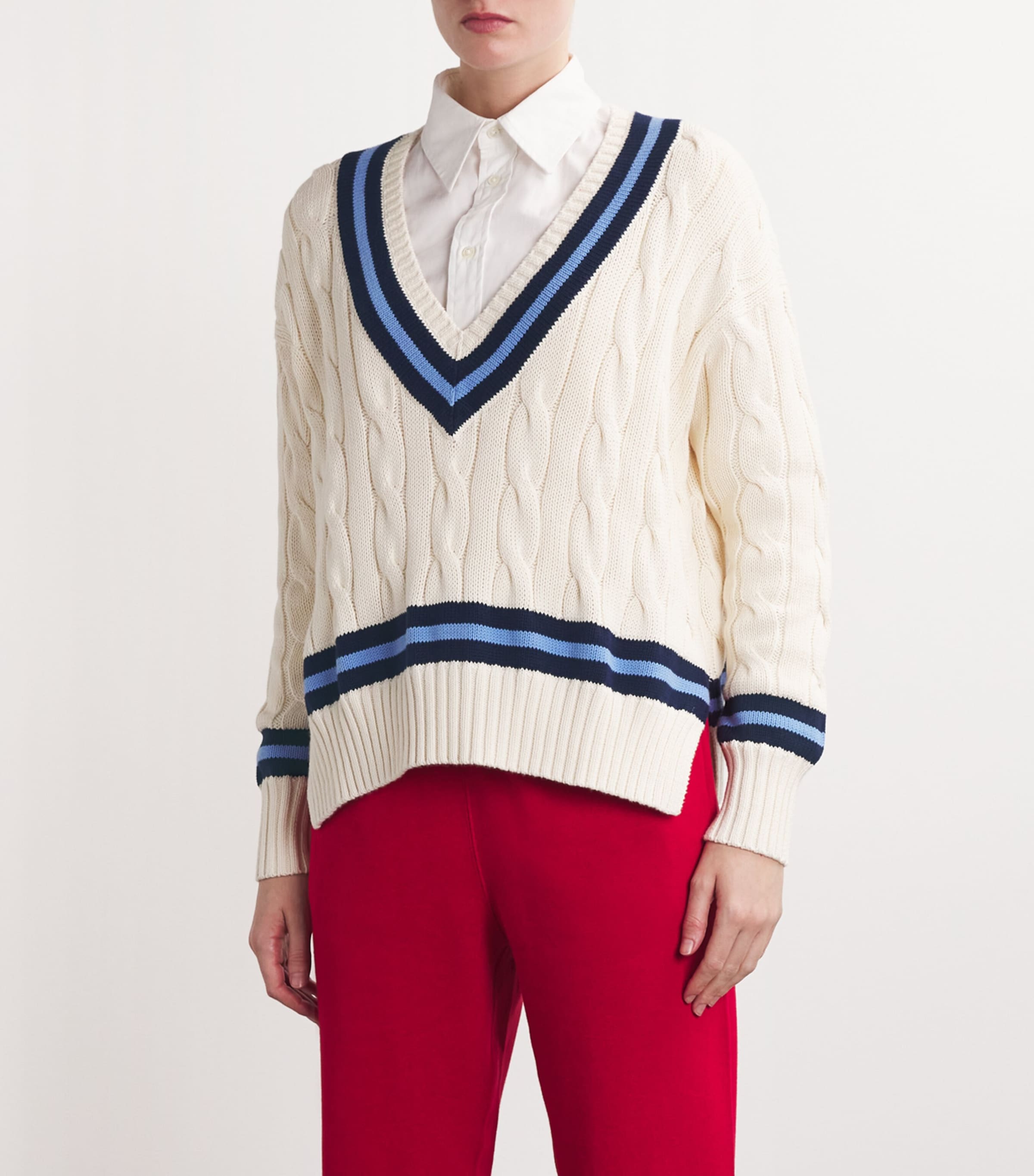 Polo Ralph Lauren Womens Cable-Knit Cricket Sweater Cream W/ Navy Stripe Image 3