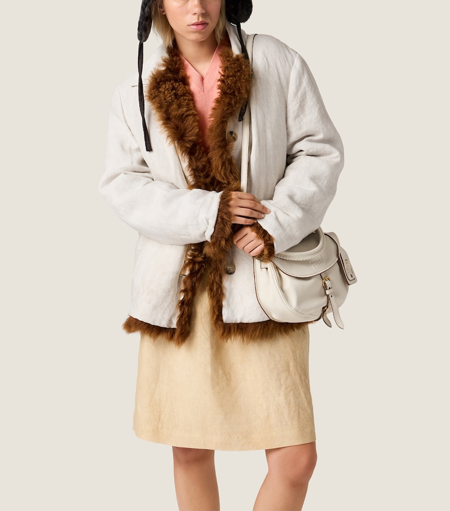 Miu Miu Womens Linen Frayed-Logo Mini Skirt Neutral Image 5