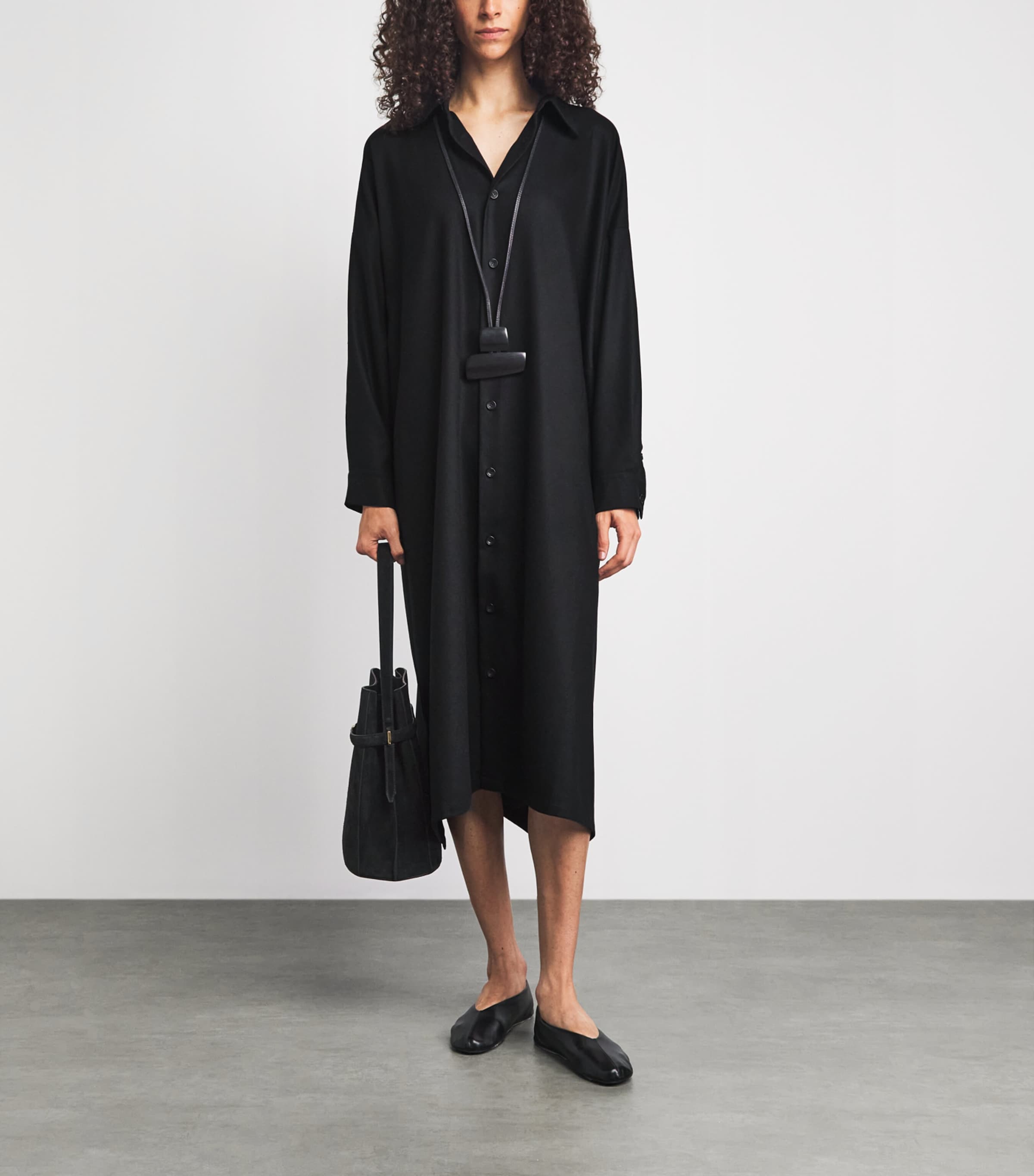 Eskandar Womens Virgin Wool-Cashmere Wide Midi Shirt Dress Black Image 2