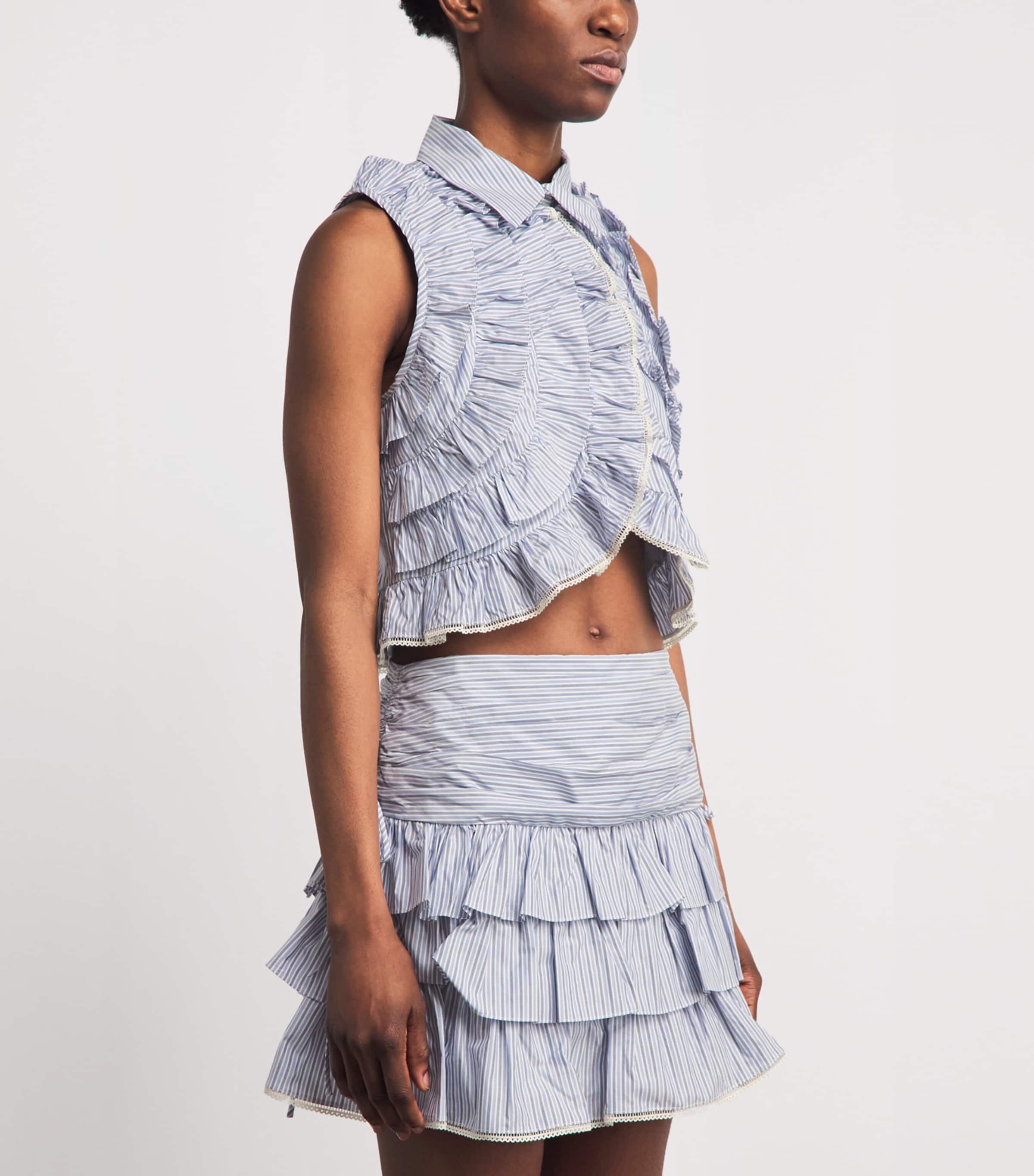 Sandro Paris Womens Cotton Stripe Ruffled Shirt Bleu / Marine Image 4