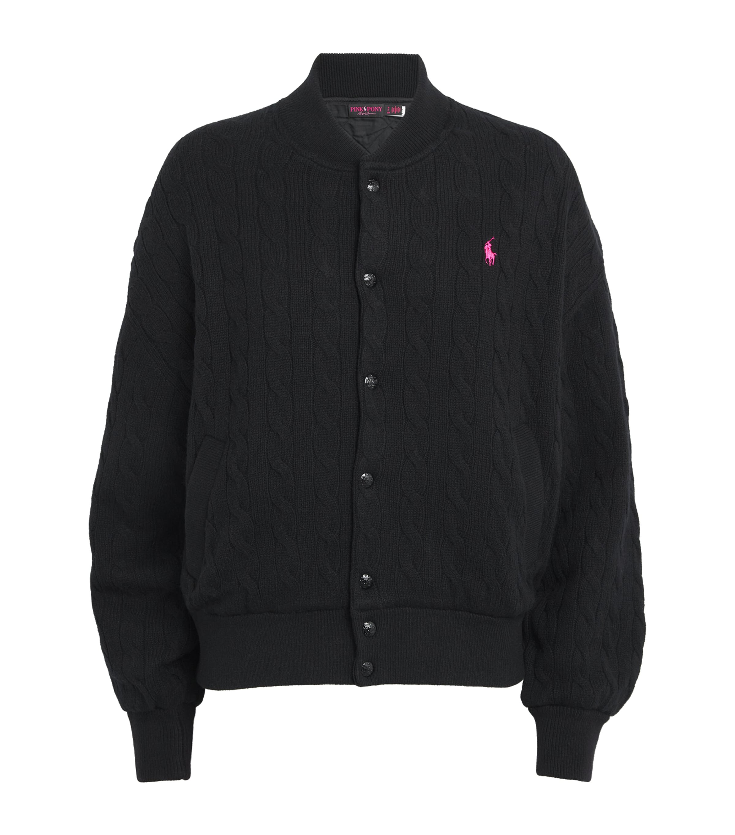 Polo Ralph Lauren Wool-cashmere Pink Pony Cardigan In Black