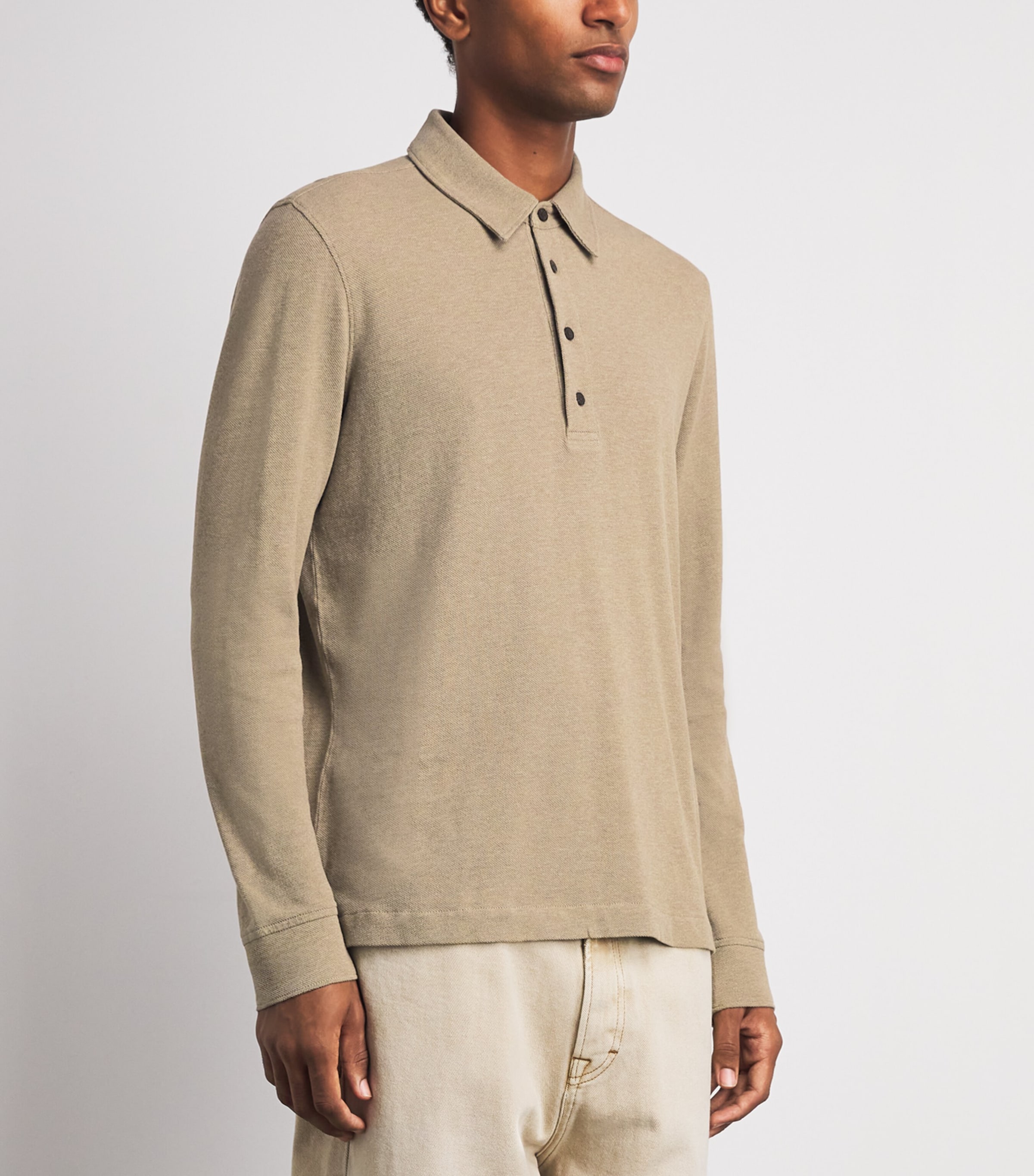 PAIGE Mens Cotton Ballard Long-Sleeve Polo Shirt Light Heather Brown Image 4
