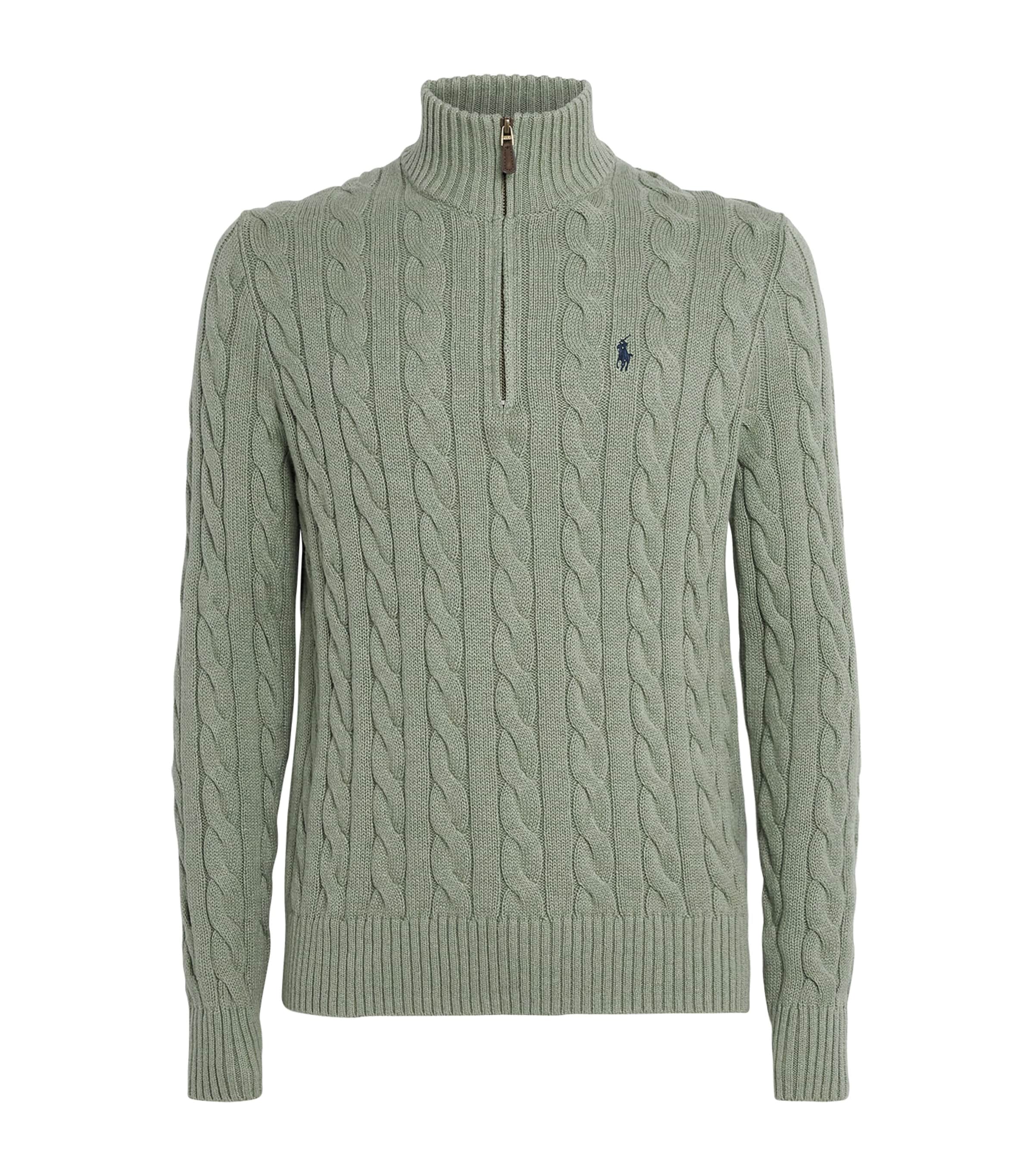 Cotton Cable Knit Half-Zip Sweater GREEN HEATHER Image 1