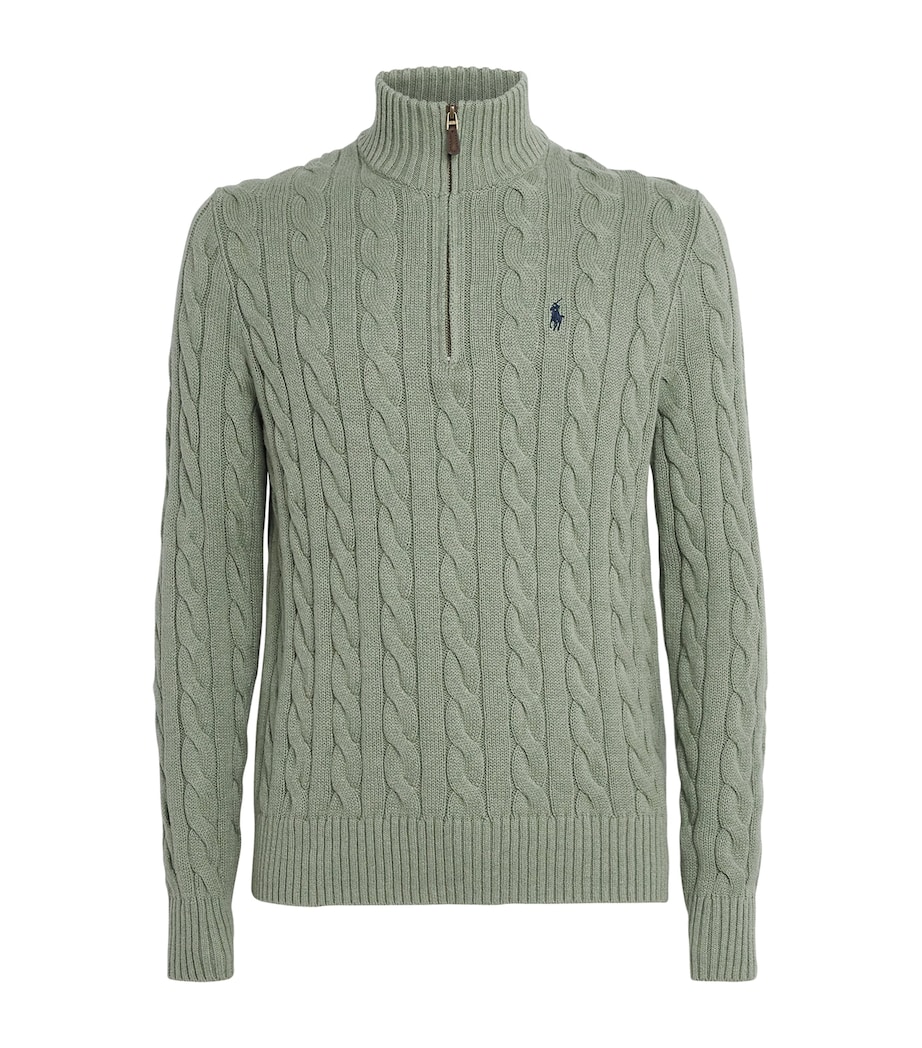 Cotton Cable Knit Half-Zip Sweater GREEN HEATHER Image 1