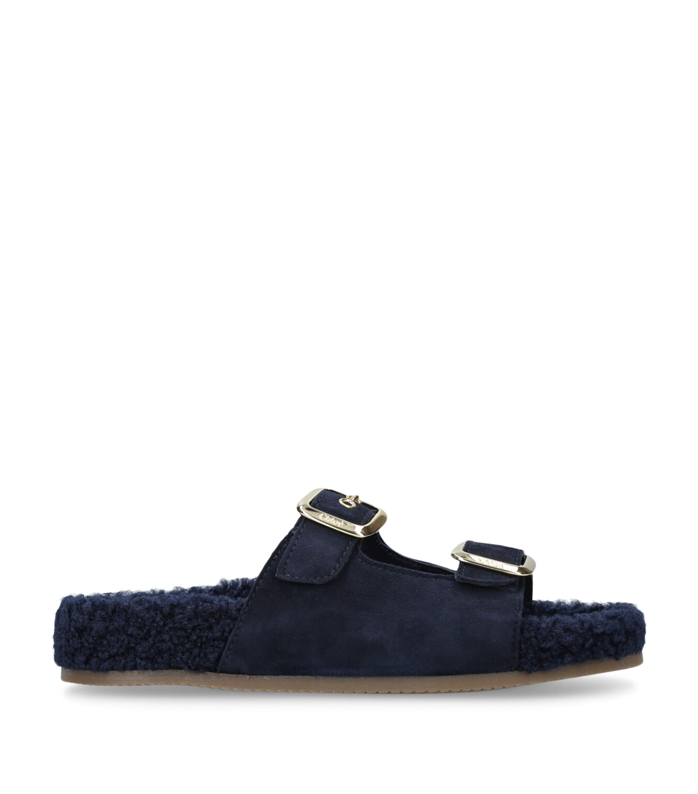 Chloé Kids Suede-Shearling Buckled Sandals Navy Image 1