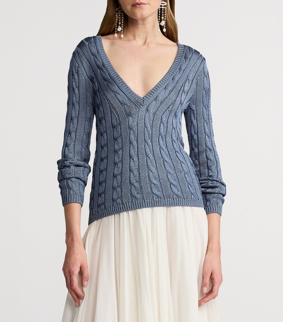 Silk Cable-Knit V-Neck Sweater CORNFLOWER Image 9