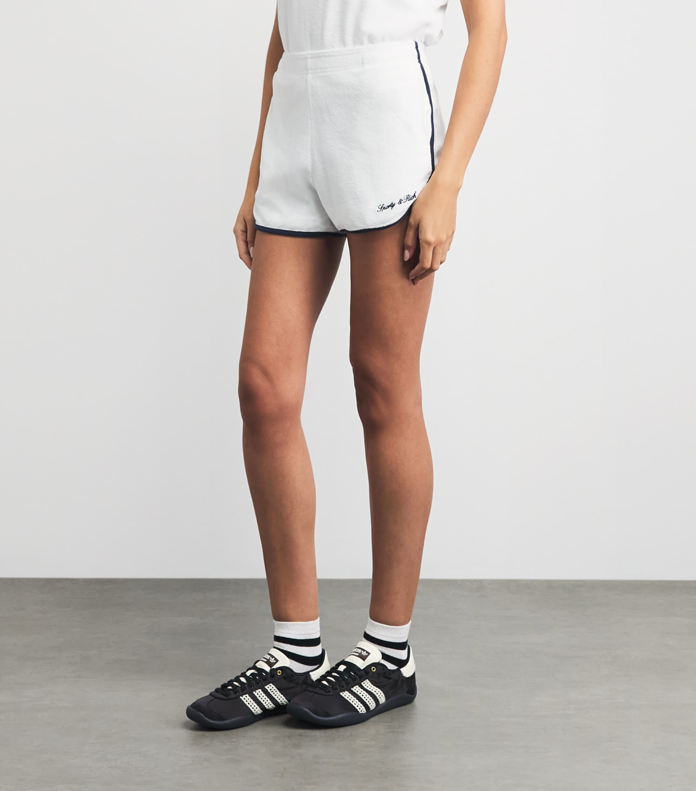 Sporty & Rich Womens Terry Cotton Signature Logo Shorts White/dark Navy Image 4