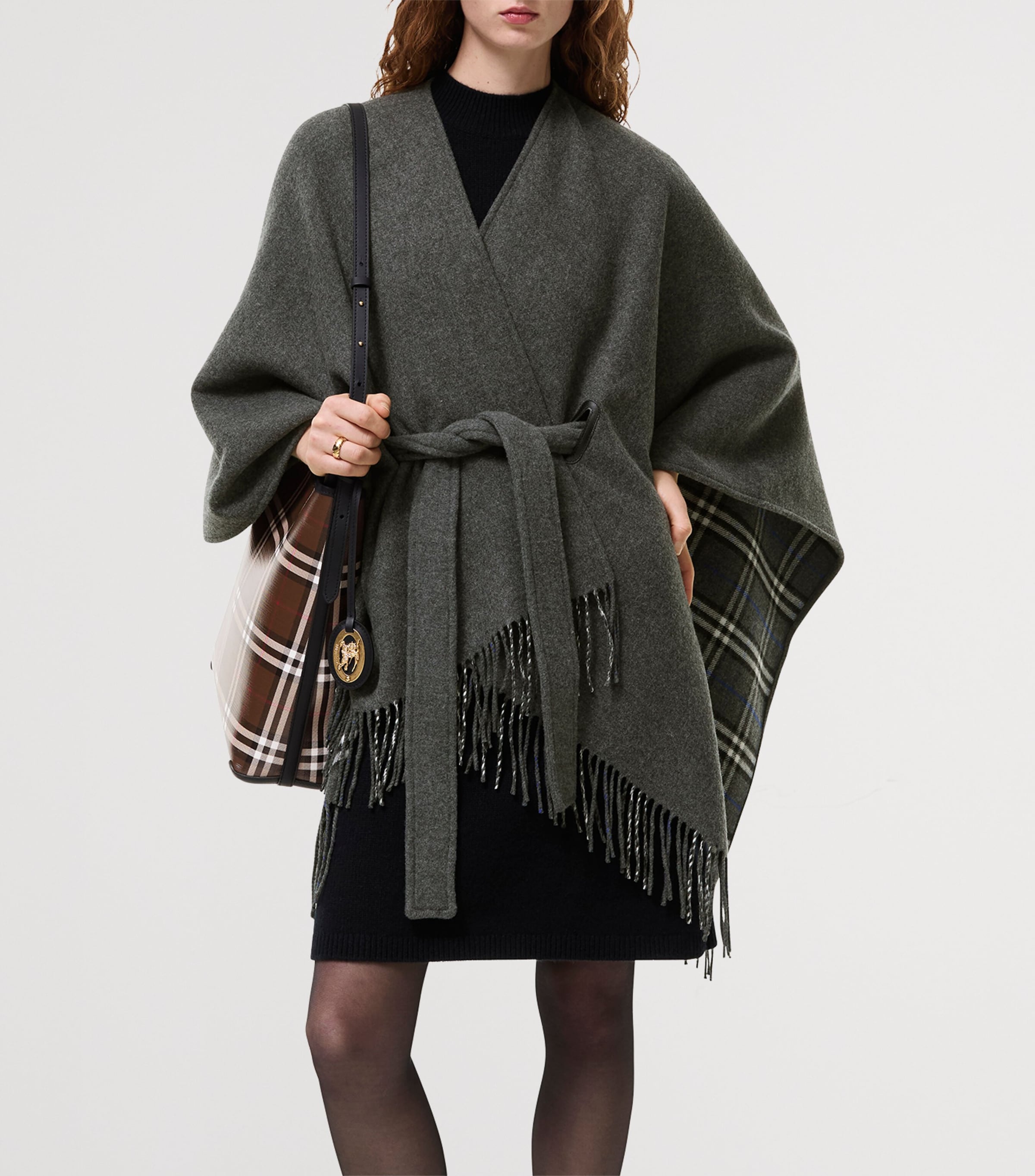 Burberry Wool Fringed Cape Marlborough Grey Image 2