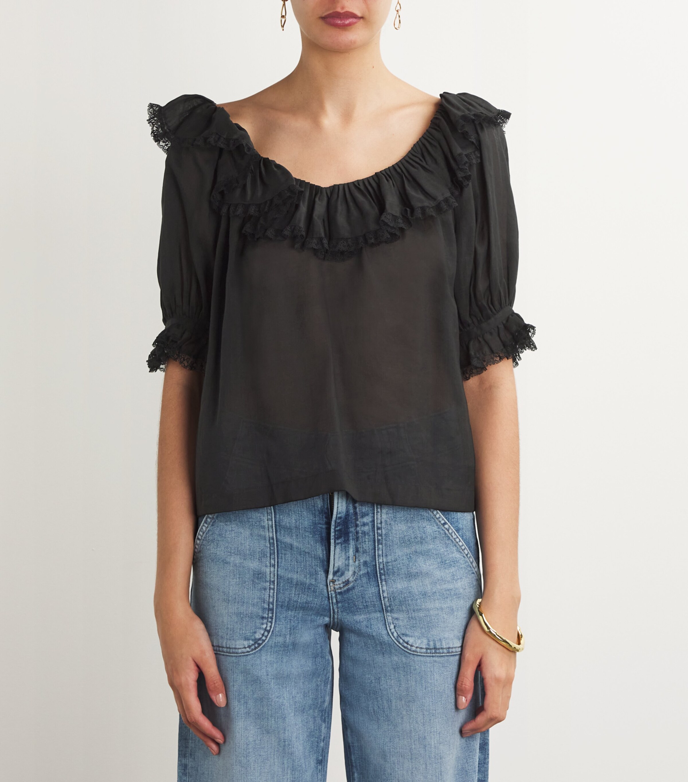 Ruffled-Trim Samara Top BLACK Image 3