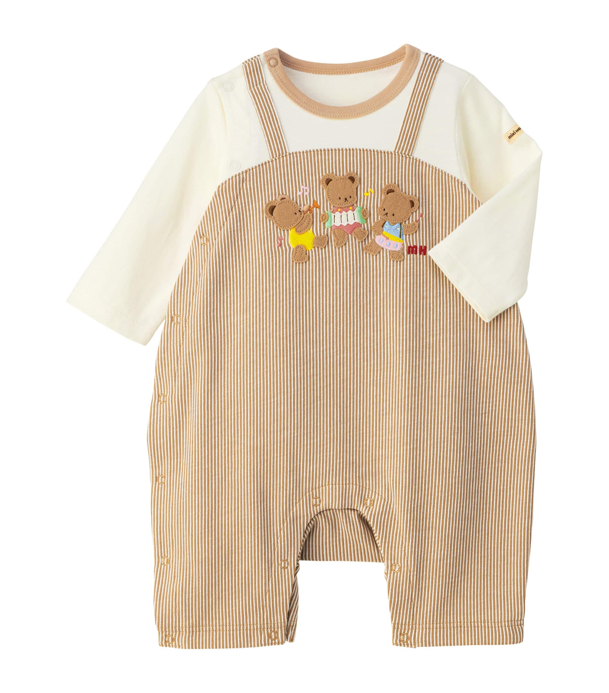 Shop Miki House Cotton Embroidered Bear Playsuit In Beige
