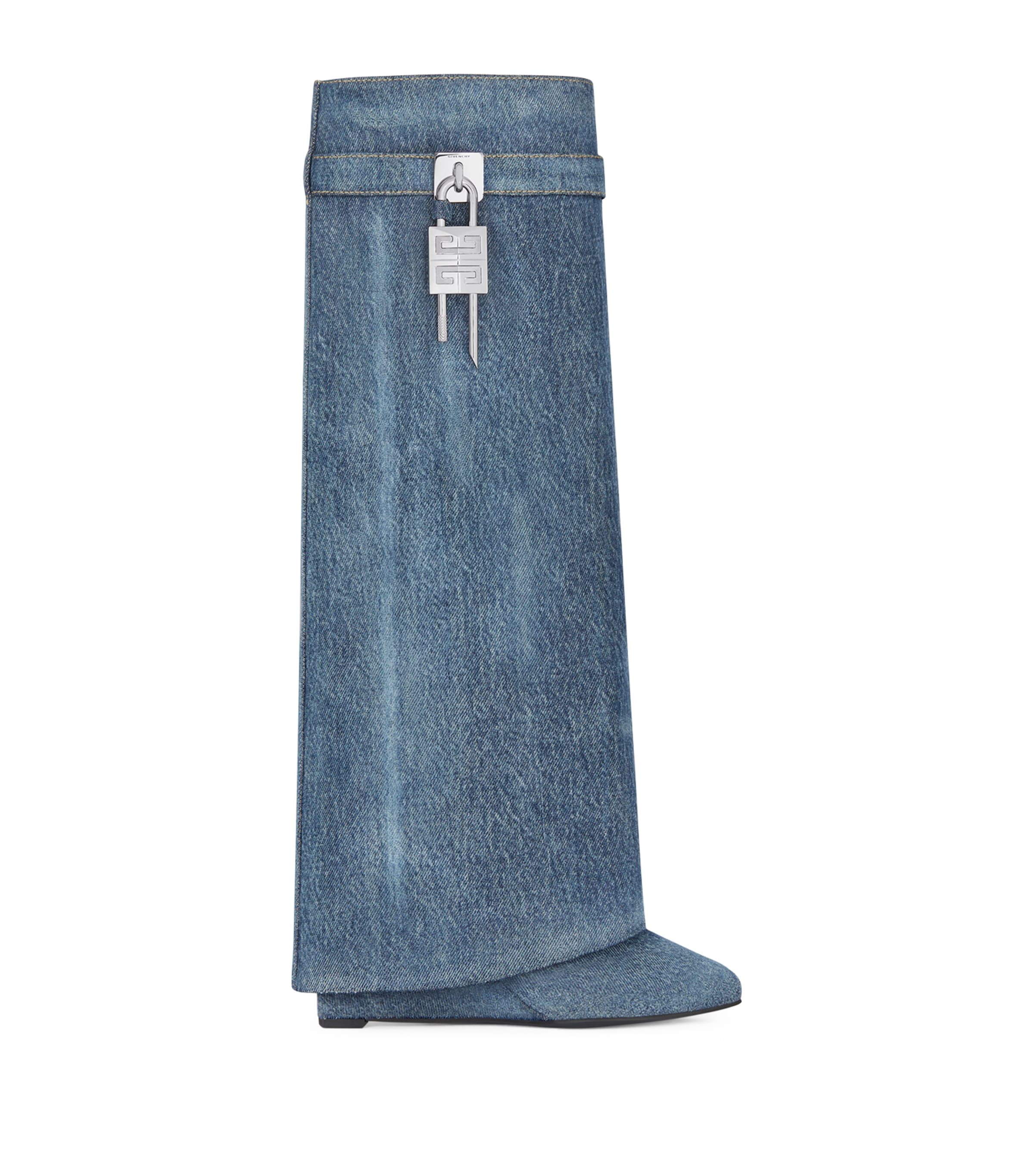 Shop Givenchy Denim Shark Lock Knee-high Boots 90