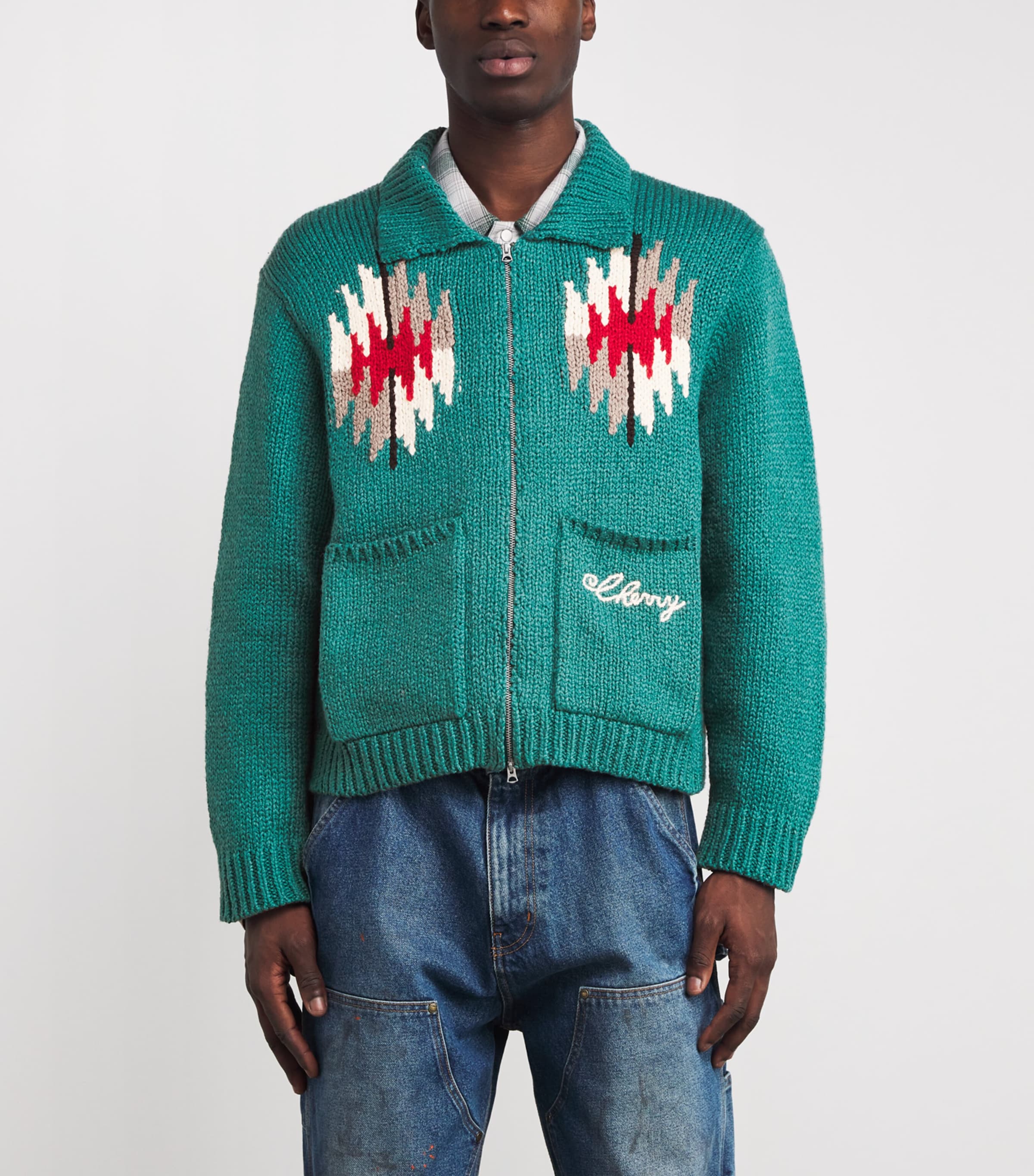 Cotton Navajo Intarsia Zip-Up Cardigan TEAL Image 3