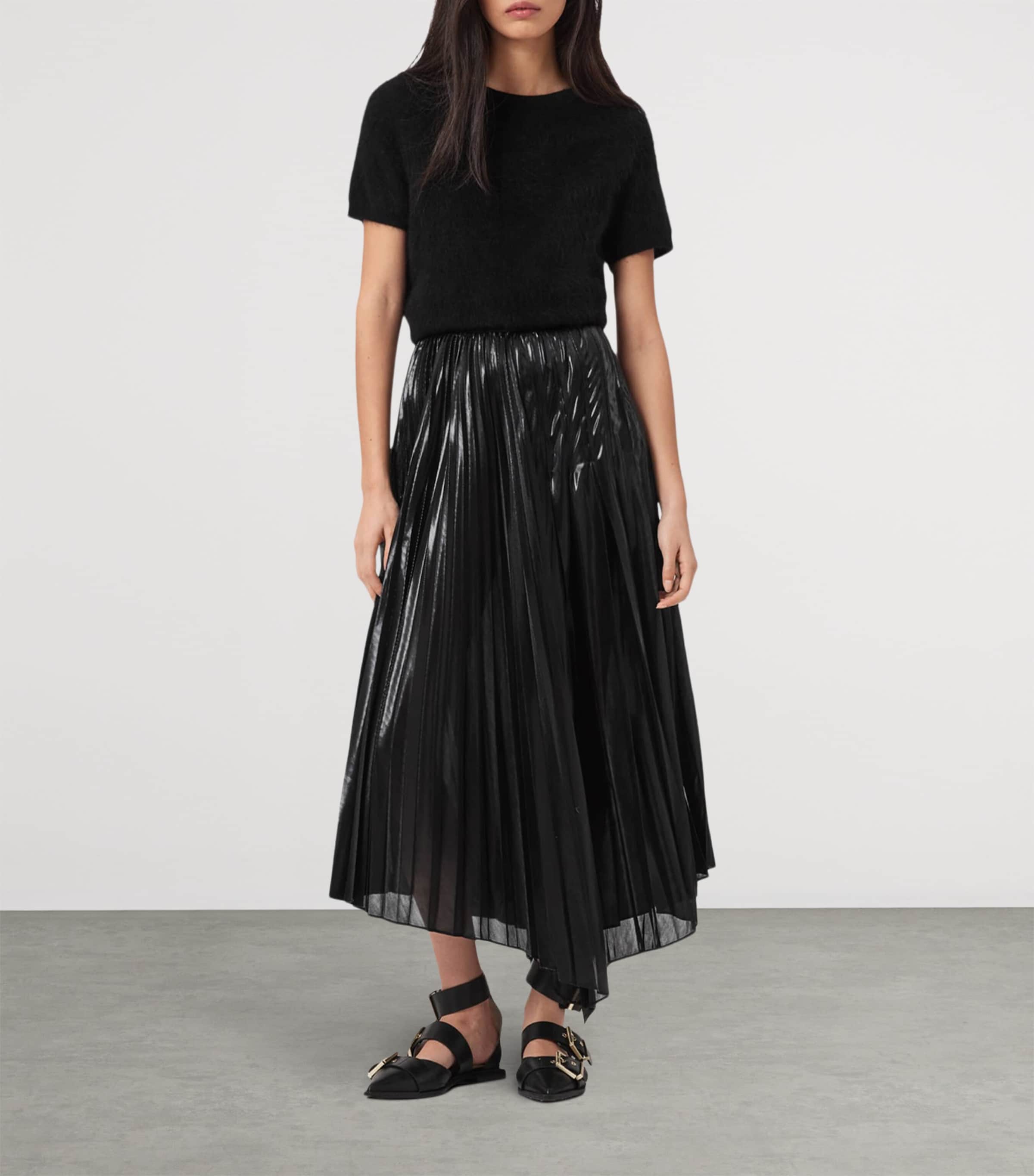 AllSaints Womens Pleated Jax Maxi Skirt Metallic Black Image 2