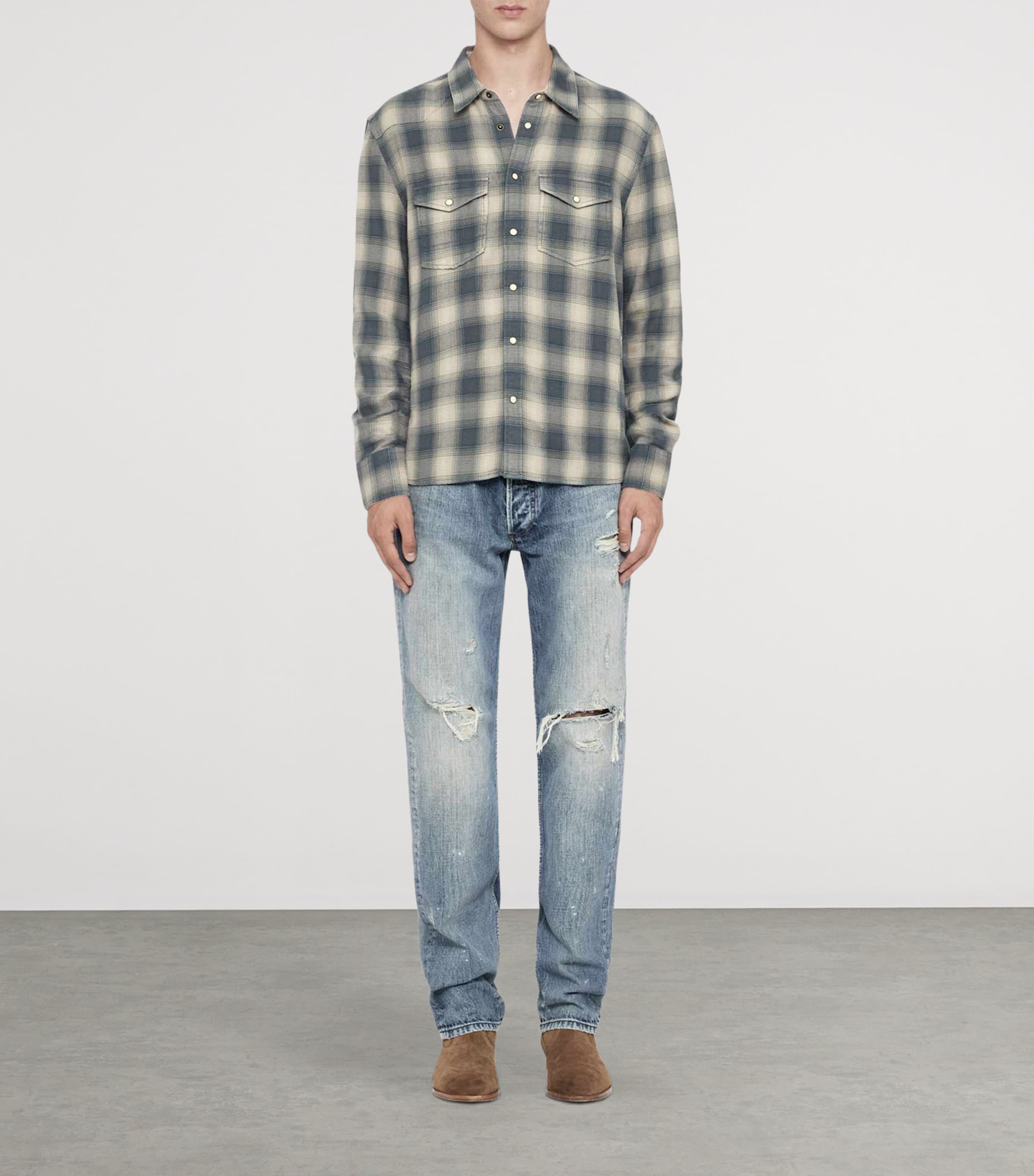 AllSaints Mens Organic Cotton Flannel Brook Shirt Blue Check Image 2