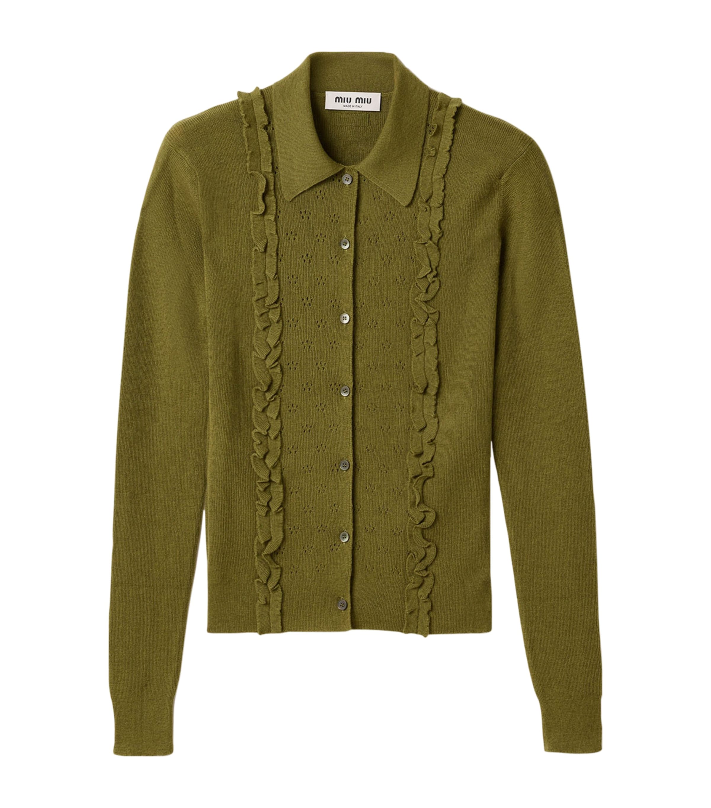 Miu Miu Womens Cashmere-Silk Ruffled Cardigan Green Image 1