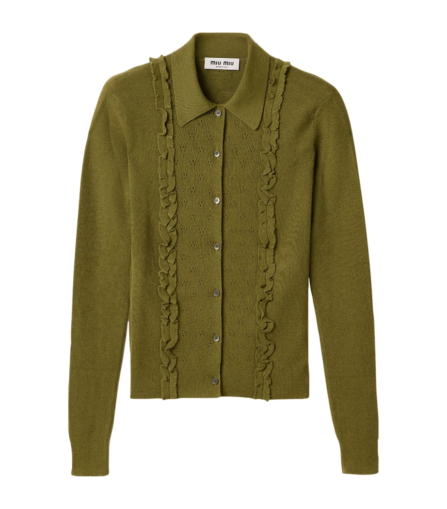 Miu Miu Womens Cashmere-Silk Ruffled Cardigan Green Image 1