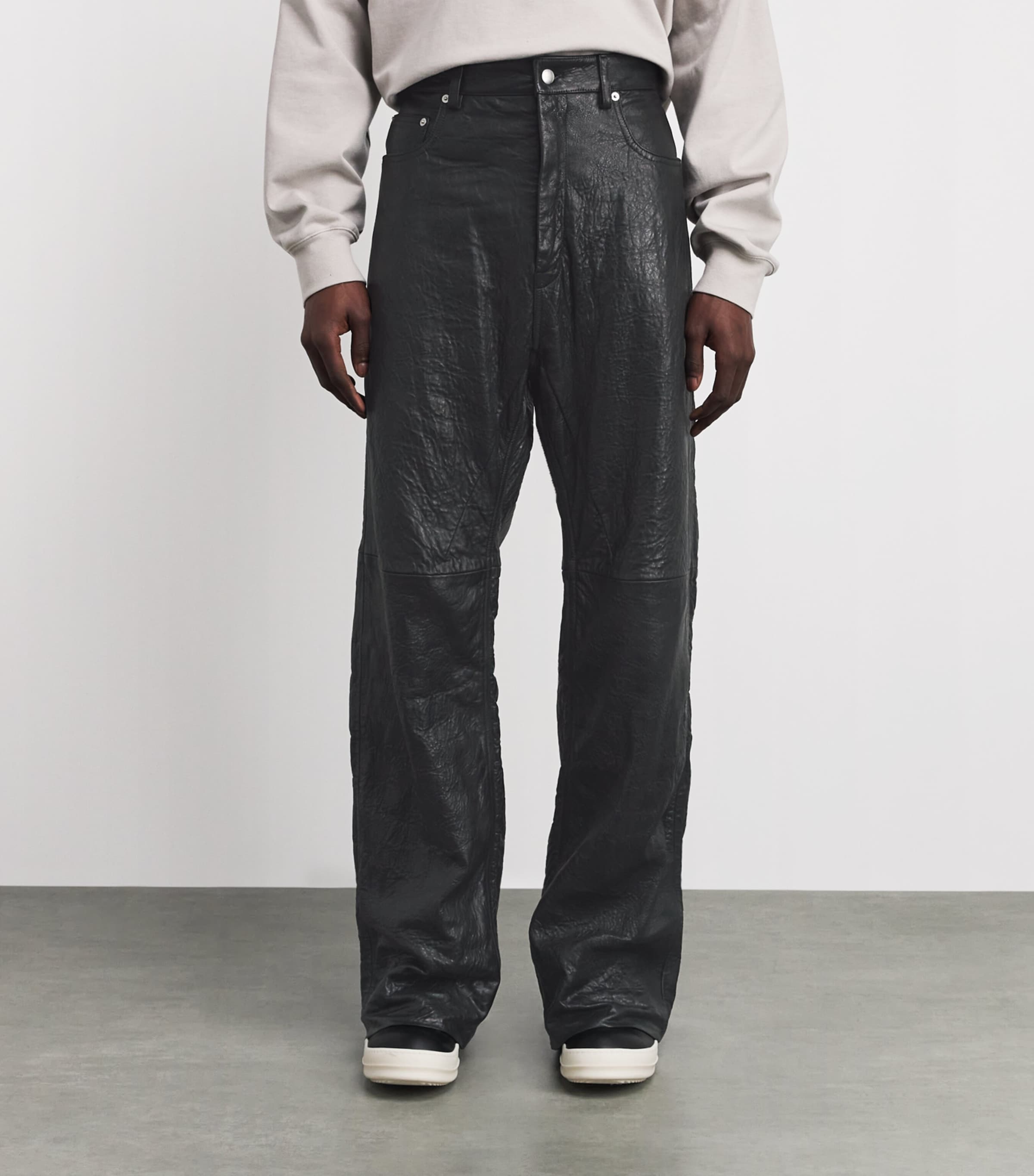 Rick Owens Mens Leather Geth Wide-Leg Jeans Black/ Image 3