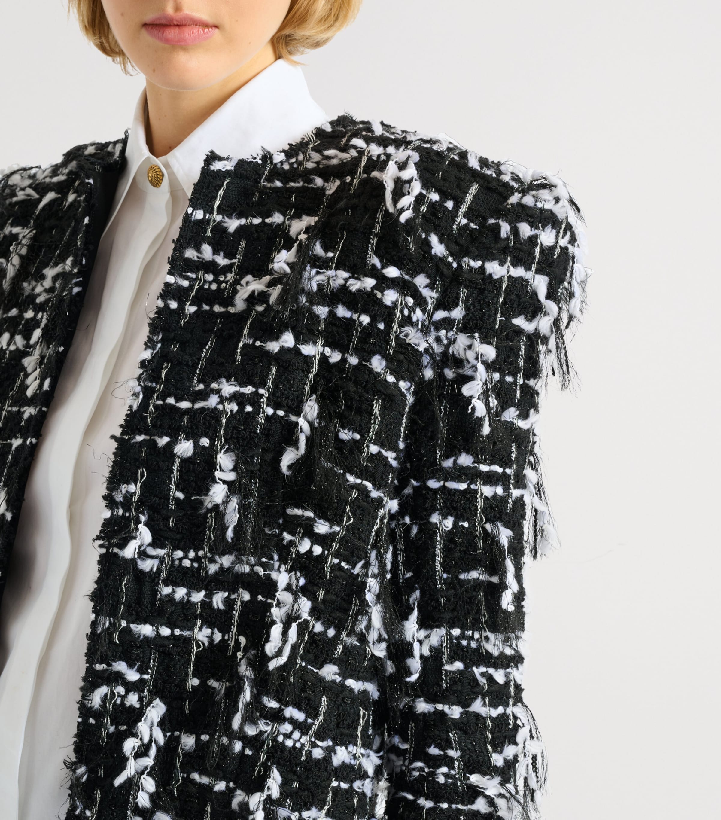 Balmain Womens Frayed Tweed Cropped Jacket Eab Noir/blanc Image 6