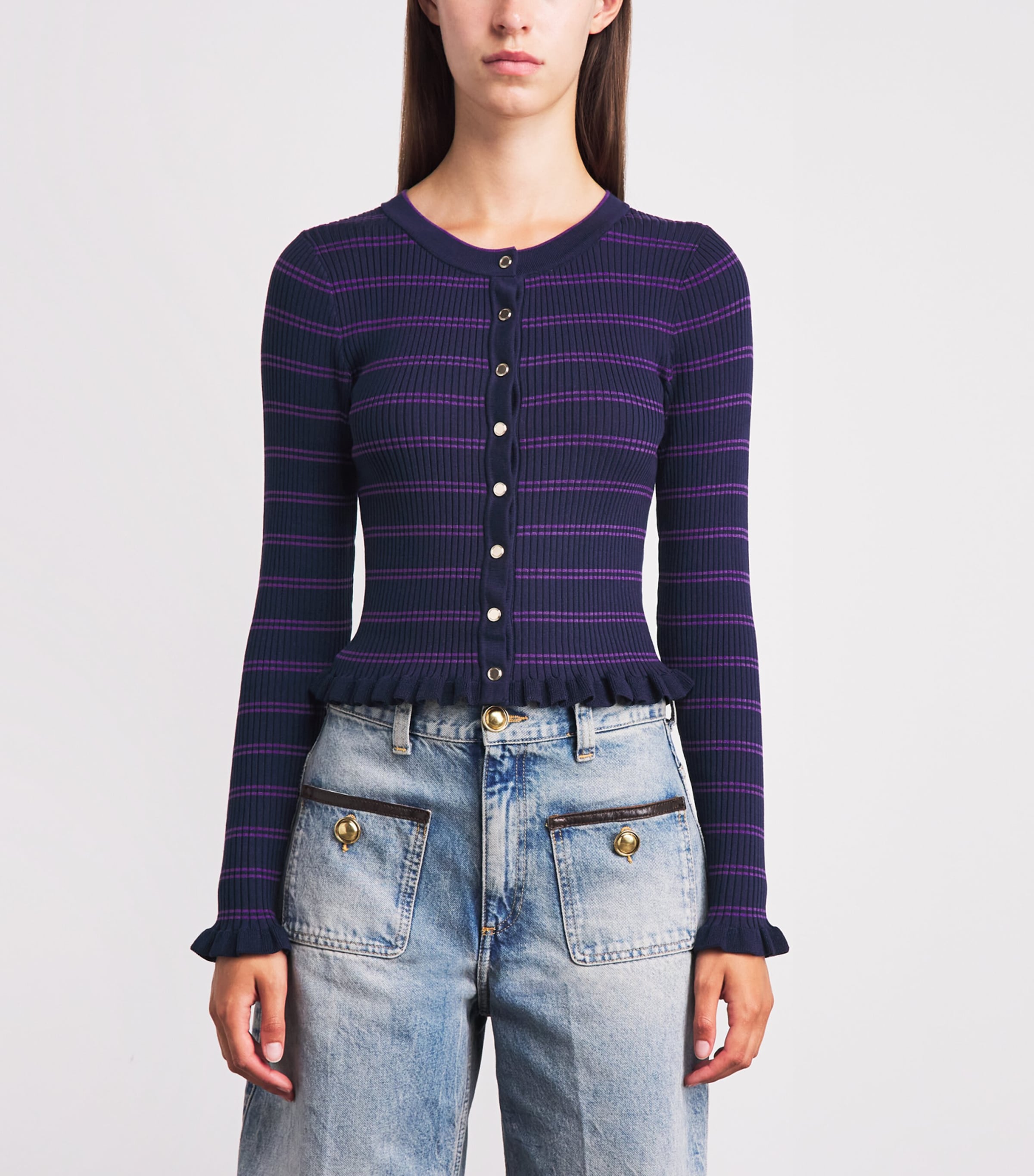 Sandro Paris Womens Knitted Stripe Cardigan Navy / Purple Image 4