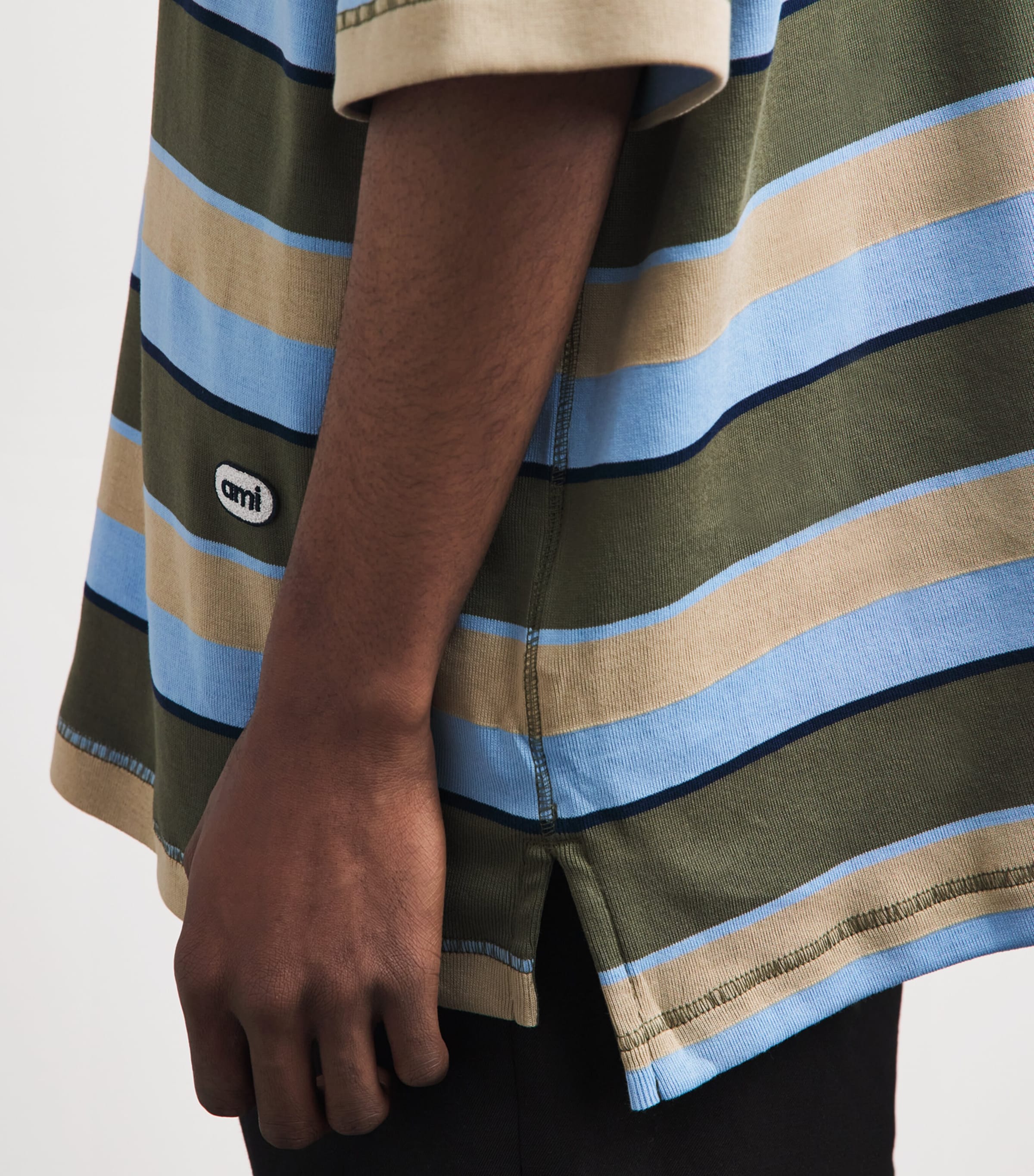 AMI Paris Mens Cotton Oversized Stripe Polo Shirt Kaki/tpe/encre Image 3