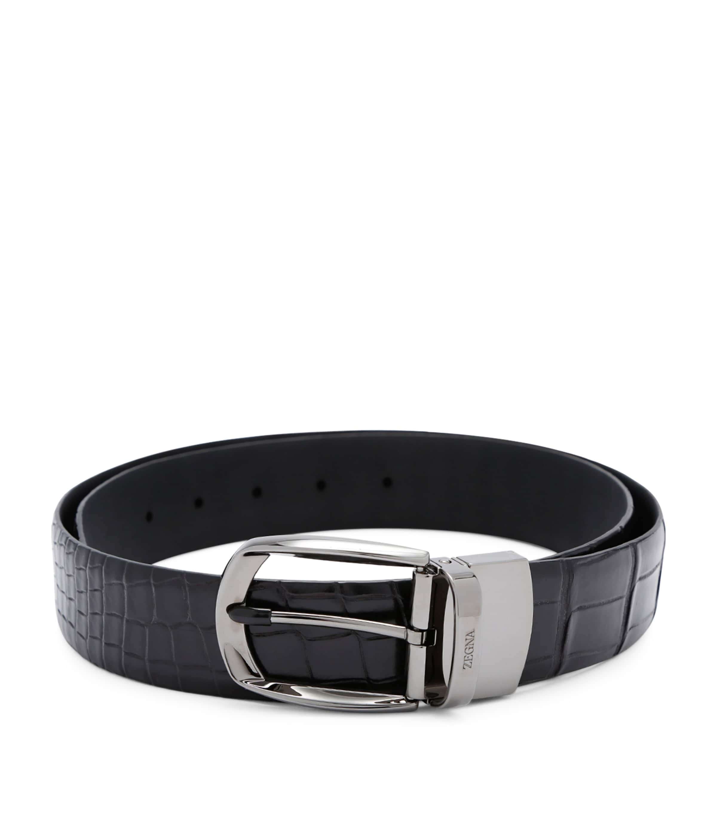 Zegna Crocodile Skin Parentesi Belt In Black